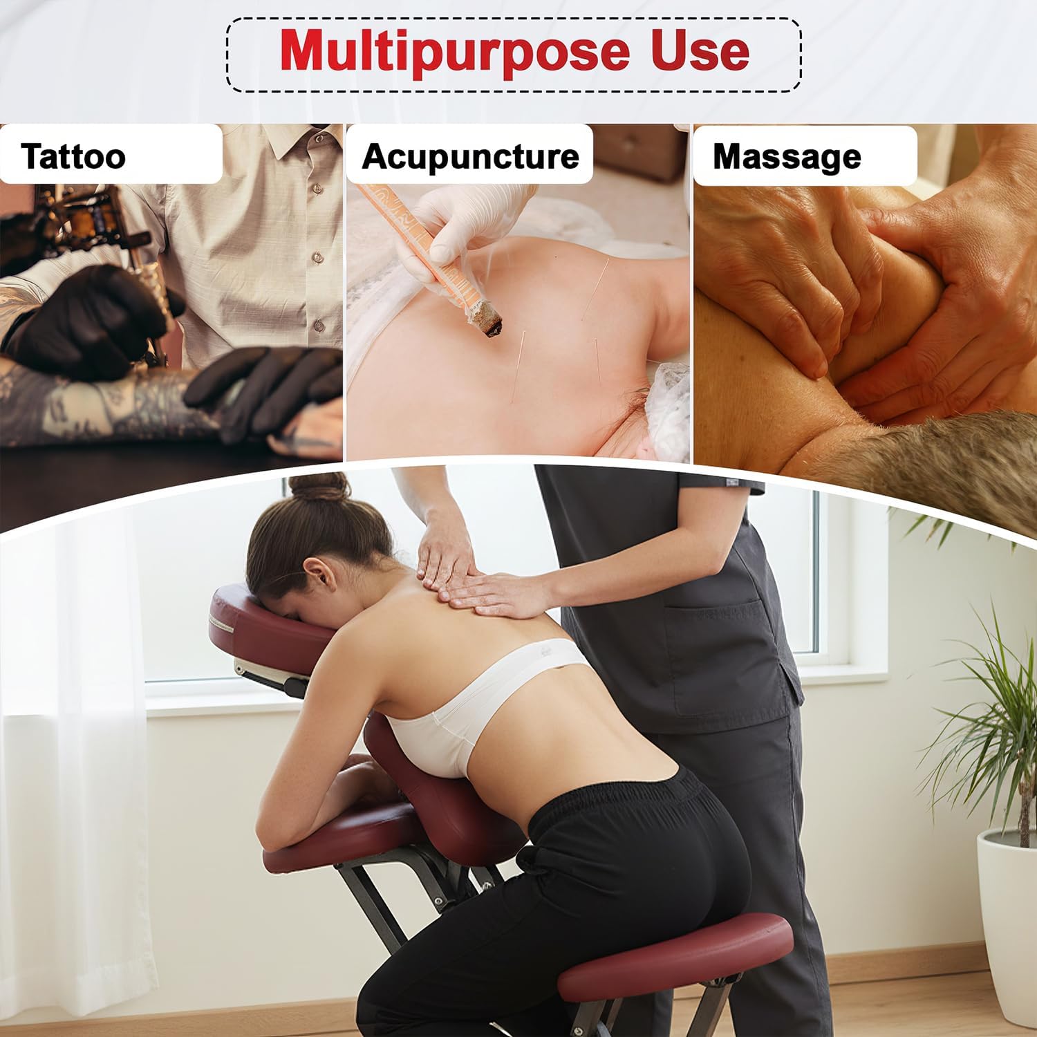 Folding Massage Chair Portable Therapy Tattoo Chair with 3 Inches Thickness Sponge Carrying Bag & Face Cradle,Ergonomic Adjustable Lightweight Beauty Chair for Tattoo,Spa,Salon and Treatment,Burgundy