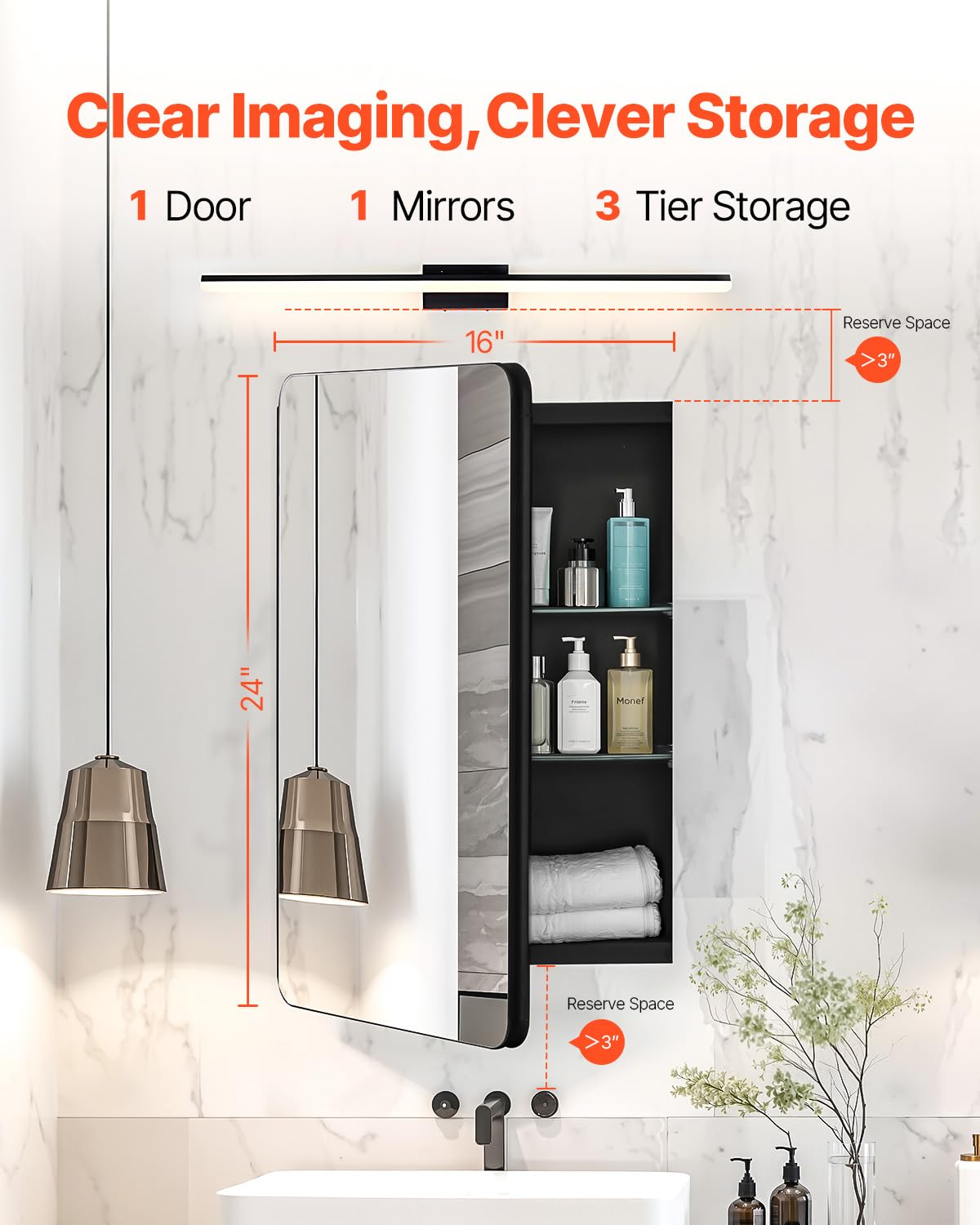 VEVOR Armadietto per Medicinali 406 x 610 mm Armadietto per Medicinali con Specchio per Bagno con Anta a Specchio, Ripiani in Vetro Regolabili, Installazione a Incasso e a Parete, Telaio in Alluminio