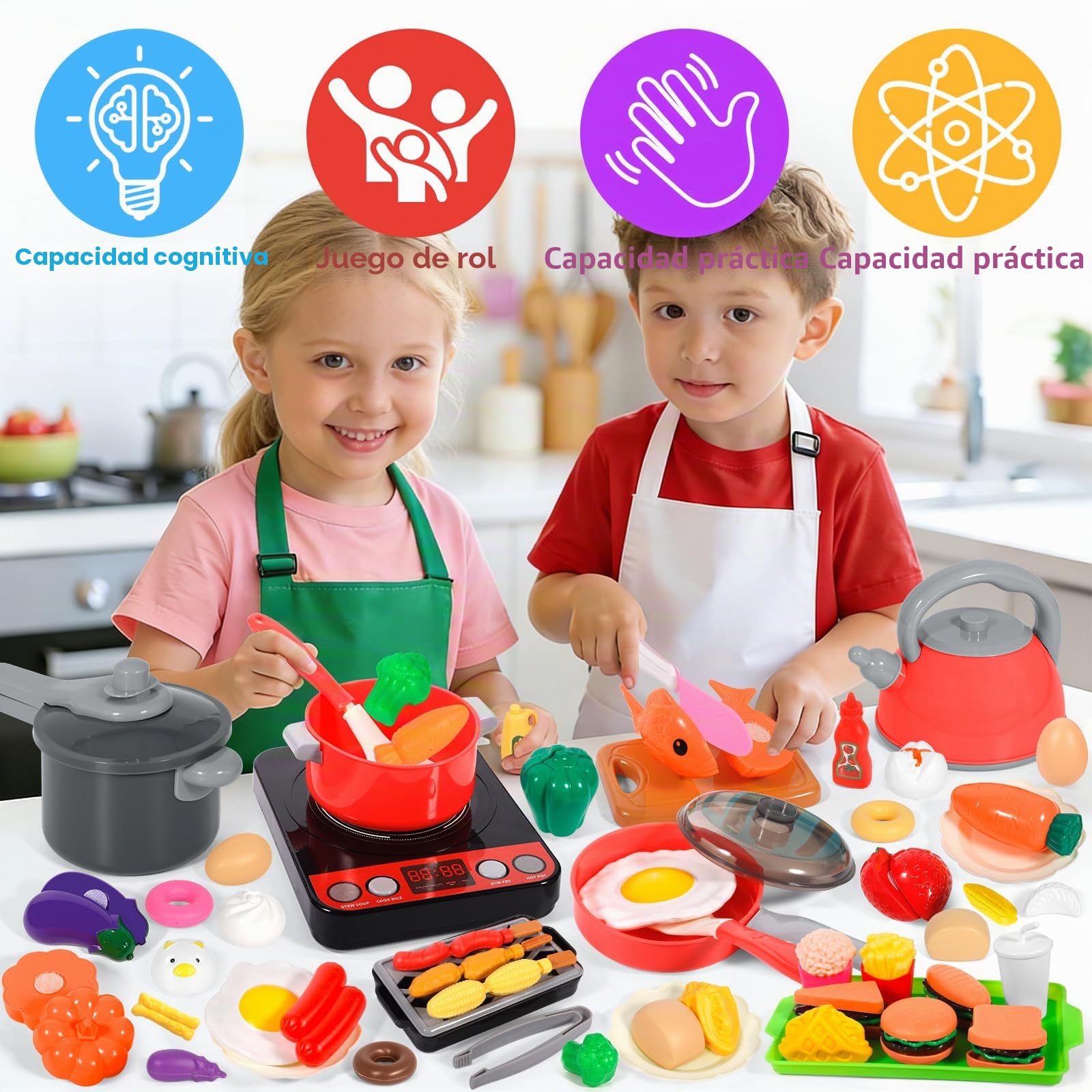 102 Pcs Cocina Juguete, Accesorios Cocina Infantil Exterior, Juego de Roles de Cocina, con Accesorios Cocina, Cazuelas, Comida de Juguete y Cesta de la Compra para Niños y Niñas de 3 a 8 Años