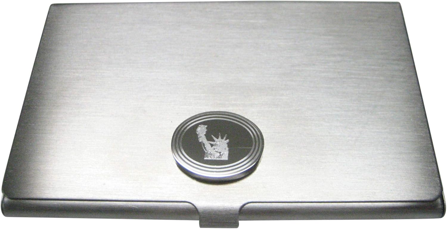 Kiola Designs Silver Toned Etched Oval Iconic Statue of Liberty Business Card Holder
