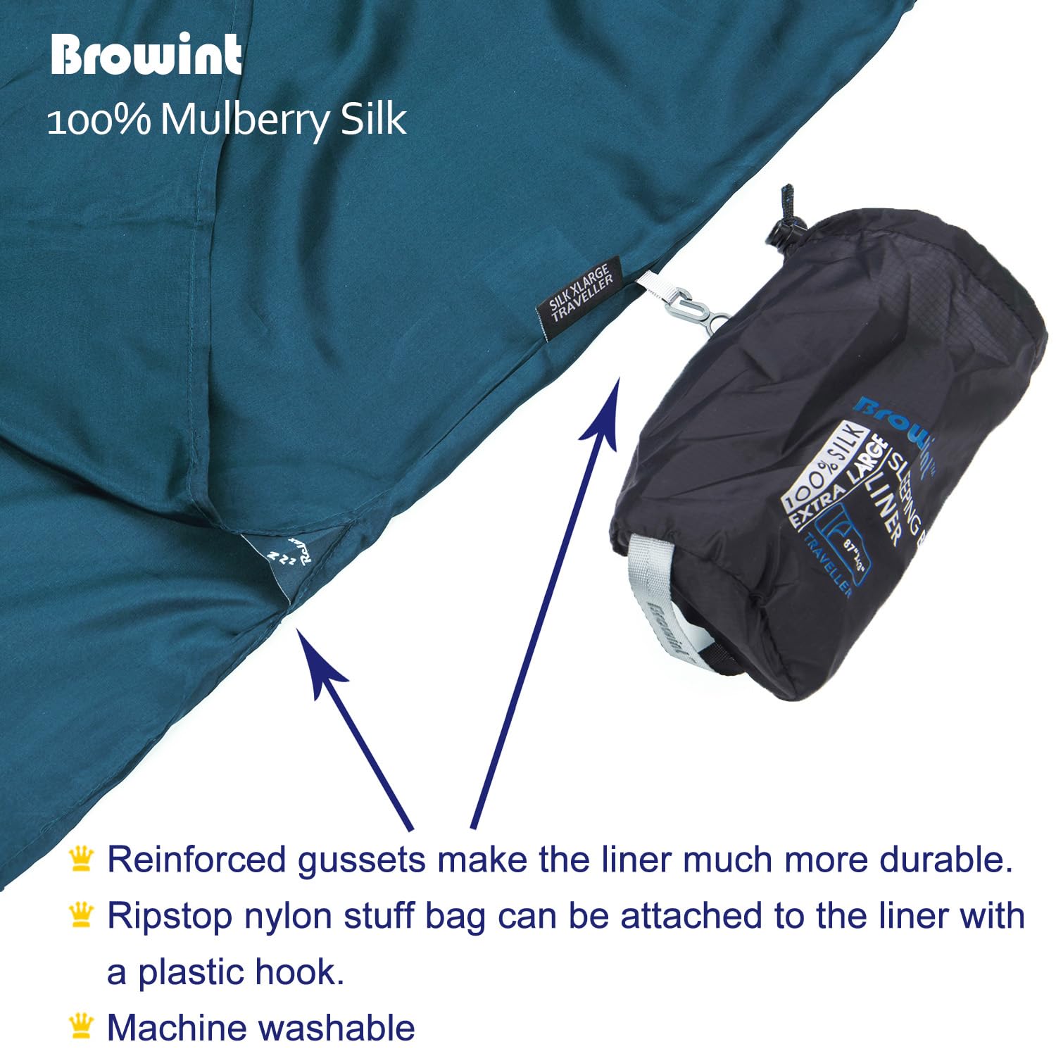 BROWINT Seidenschlafsack Inlett, Hüttenschlafsack aus 100% Naturseide, Extrabreite 220x110cm, 220x87cm, Mumie, Schlafsack Inlett, Inlay, Reiseschlafsack dünn, Leicht, Kompakt, Verstärkte Ecken