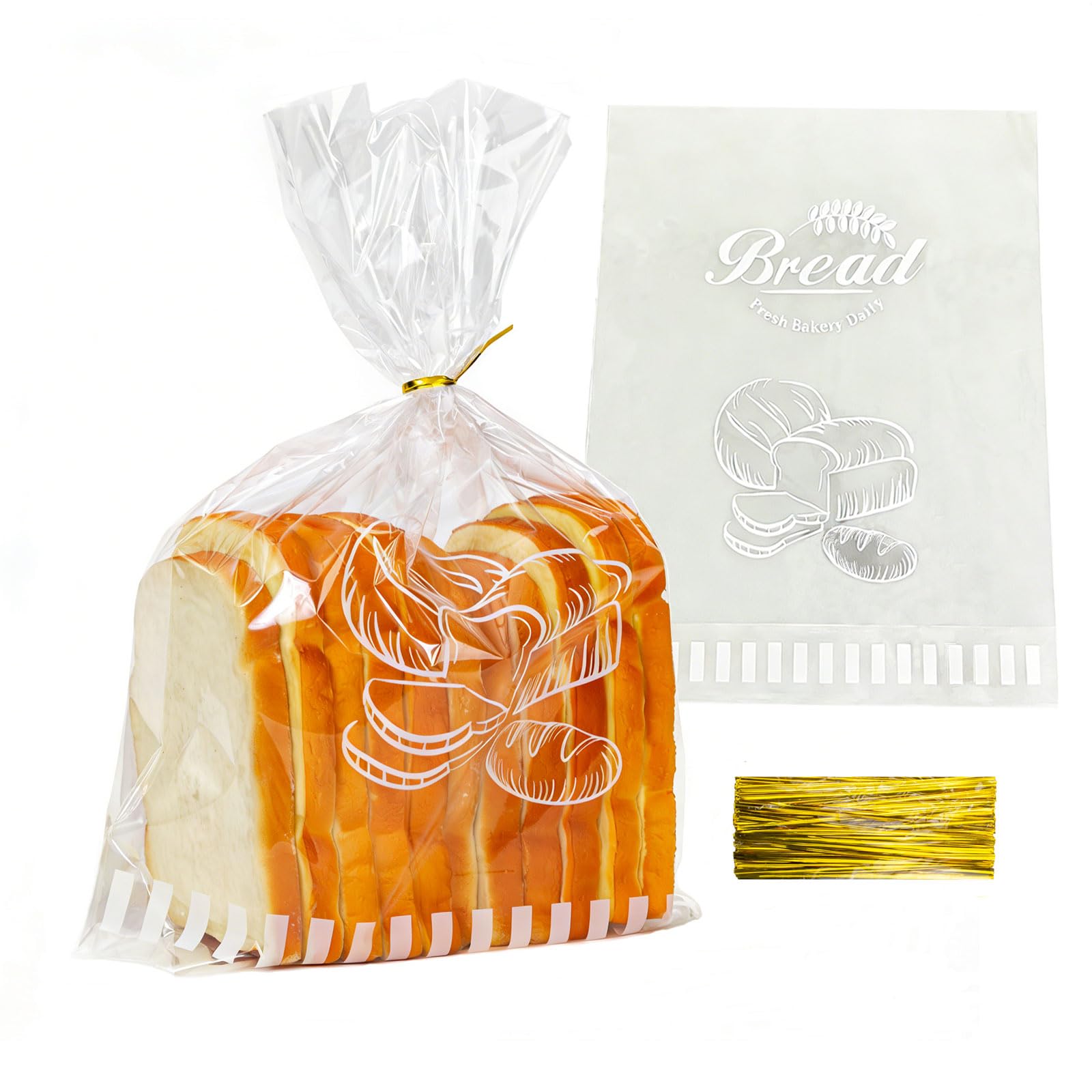 Lesibag Clear 100Pcs 11"X 14" Bottom Gusset Bread Loaf Bags With Ties, Printed Cello Cellophane Bags For Homemade Bread Or Bakery