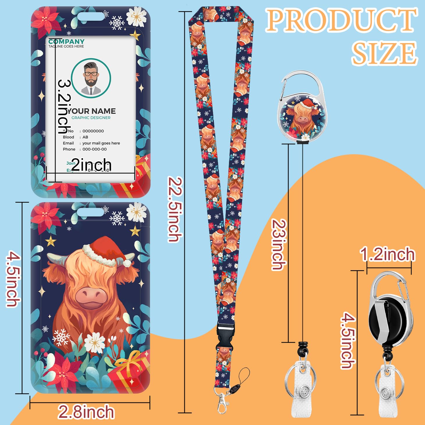 Soporte para tarjetas de identificación de Navidad con cordón, cordones de vaca de las tierras altas para tarjetas de identificación, carretes retráctiles, soporte para tarjetas de identificación con