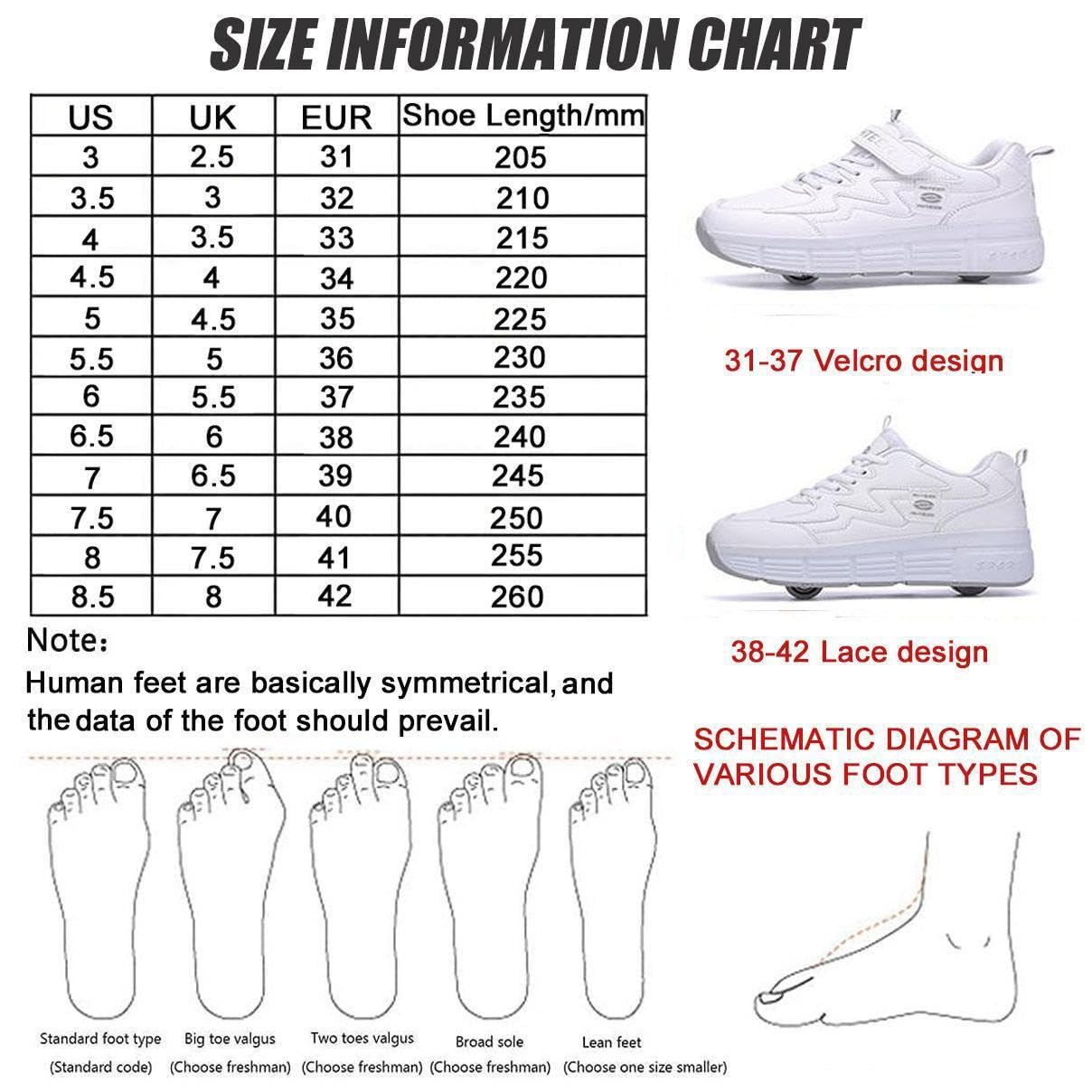 Schuhe Mit Rädern 2 in 1 Multifunktionsschuhe Jungen Mädchen Rollschuhe Doppelräder Turnschuhe, Light Roller Skates Räder,White-33