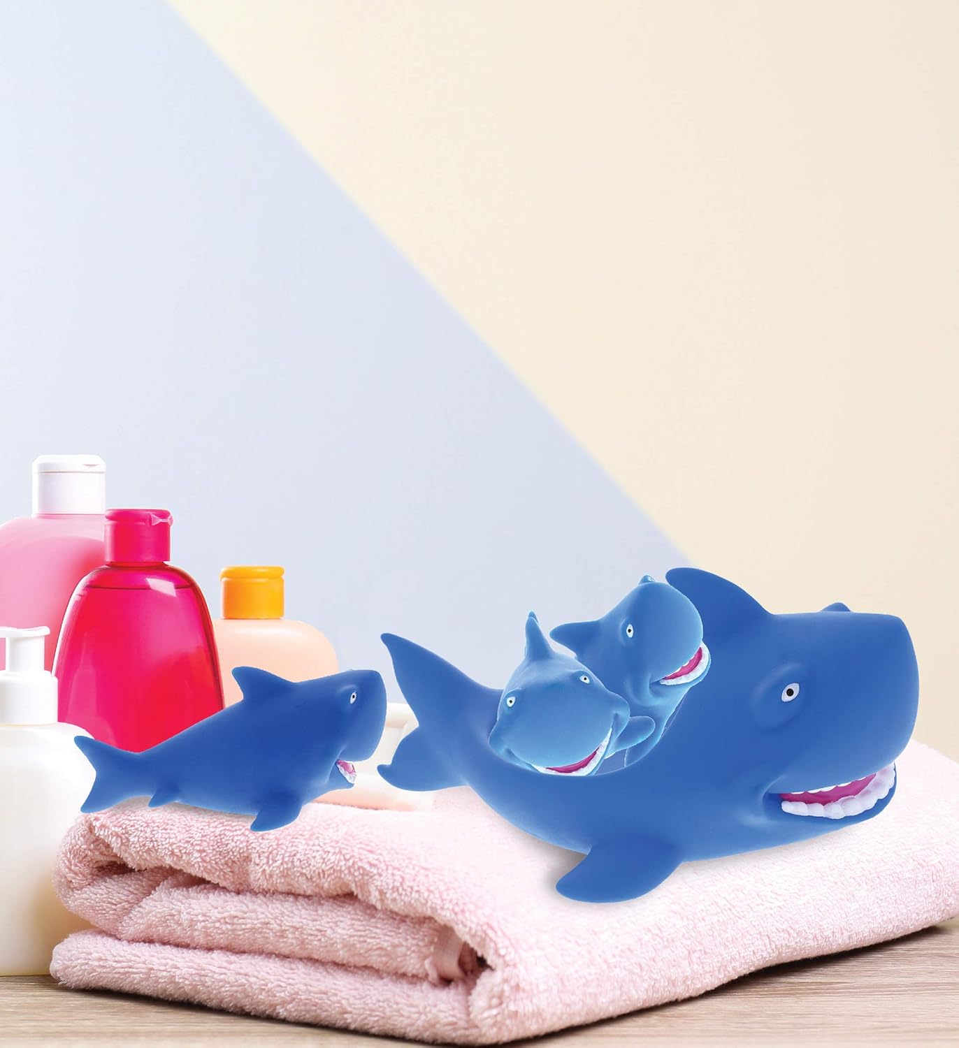 Dollibu Family Animal Bath Squirters 4 Piece Bath Toy Set, Toddler Bath Toys for Bathtime & Water Fun, Girls & Boys Floating Rubber Squirt Toys, Floaty Pool Toys for Toddlers & Kids - Blue Shark