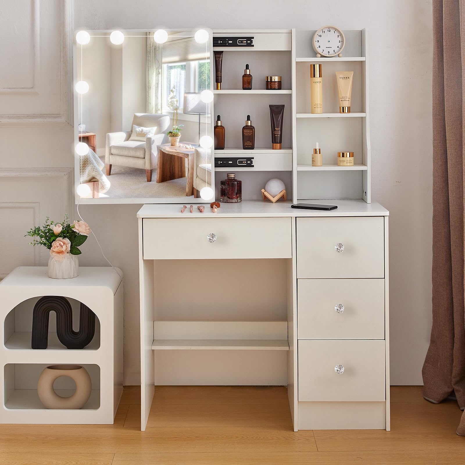 Toeletta da Trucco con 10 Luci LED, 3 Temperature di Colore e Luminosità Regolabile, Tavolo da Trucco Moderno con Grande Specchio, 4 Cassetti, 36x80x131 cm, Maniglia in cristallo