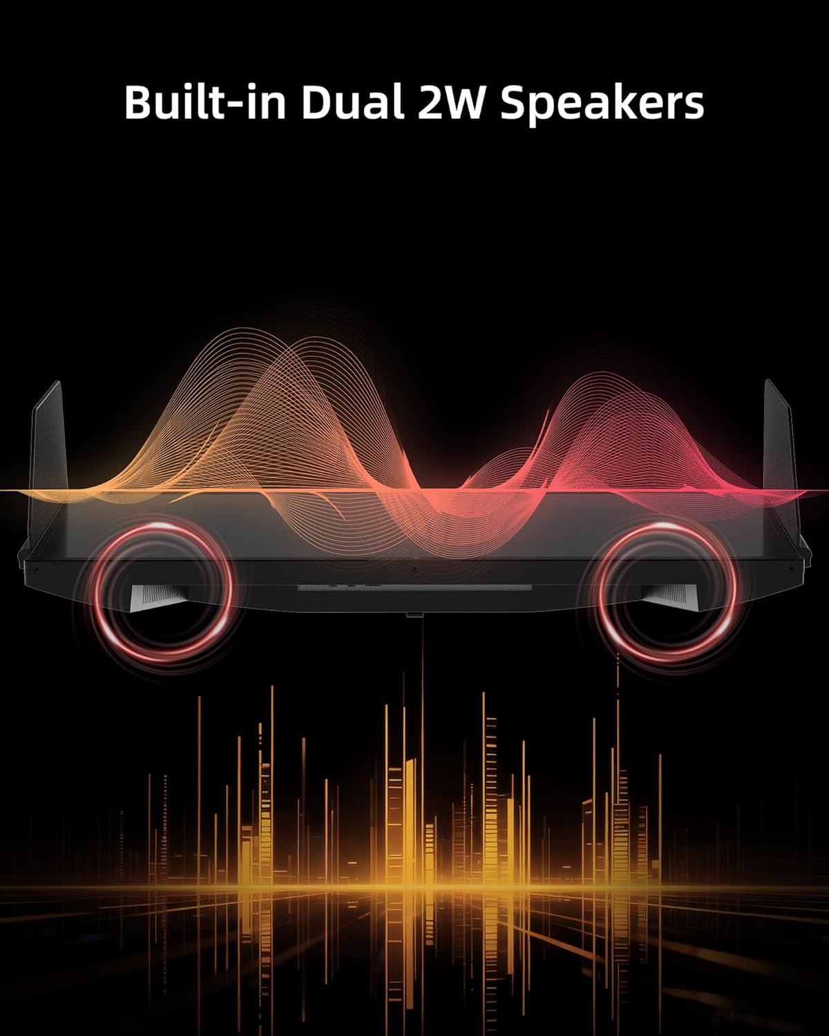 Diagram illustrating sound waves emanating from the built-in dual 2W speakers of the KTC 27M1 monitor.