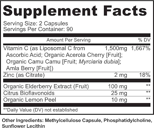 Miniatura 2 de Vitamina C liposomal con cápsulas de zinc – Vit C Organic Elderberry, Amla, Camu Camu – Vitamina C de alta absorción, antienvejecimiento, apoyo