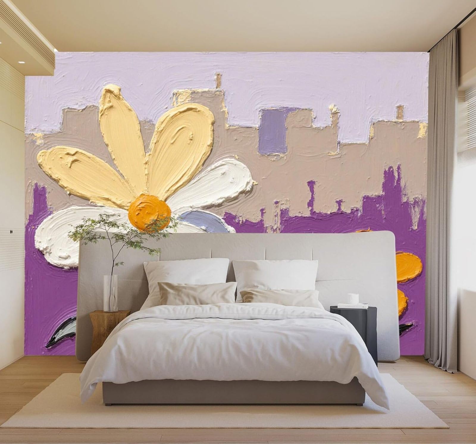 3D Papel Pintado Dibujo A Mano Color Beige Flores Amarillas Abstracto Color