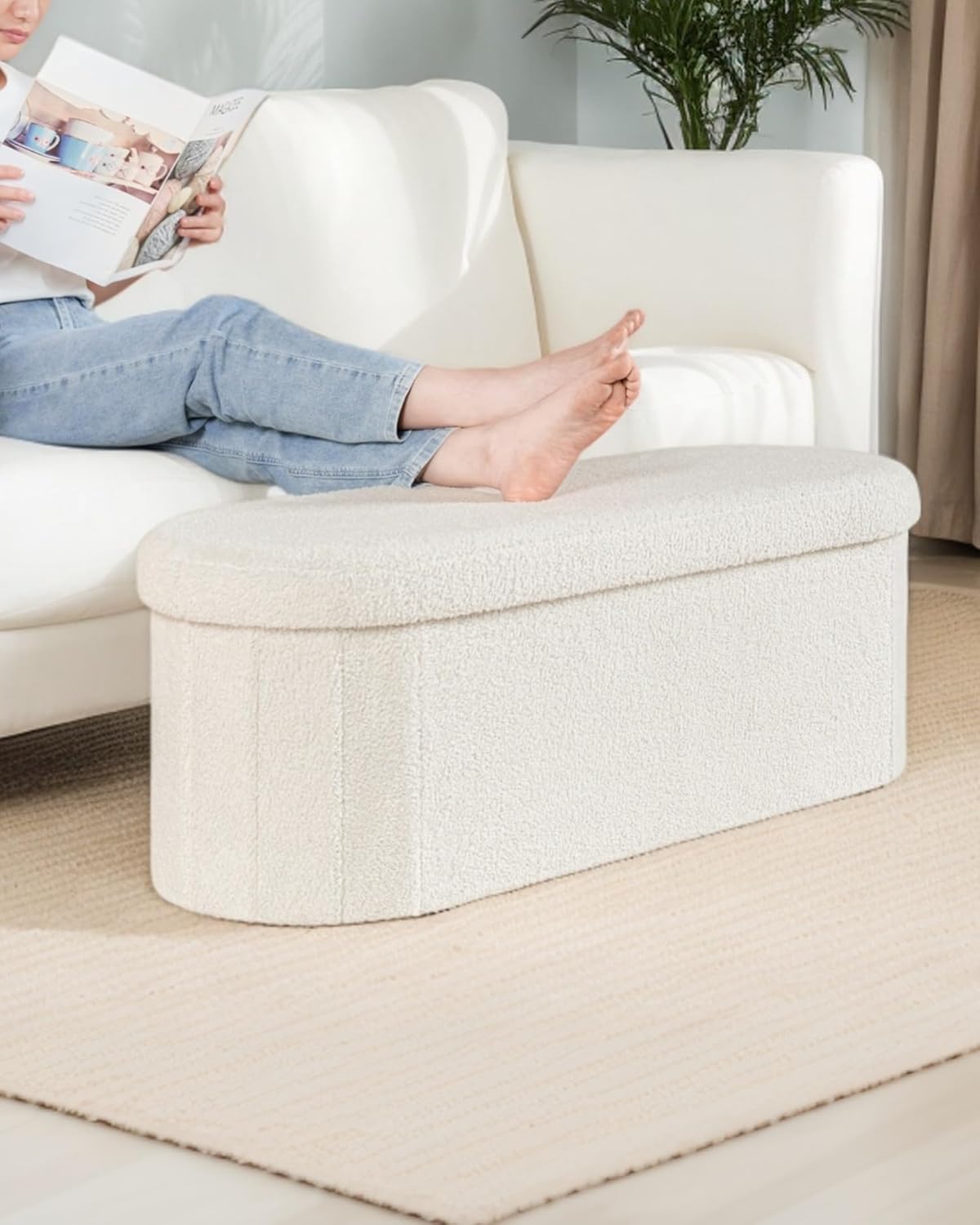 Storage Ottoman Bench, 43.3 Inches Oval Ottoman with Storage, Teddy Boucle Foot Rest, Large Folding Ottoman Bench for Living Room, Entryway, Bedroom, White - Image 8