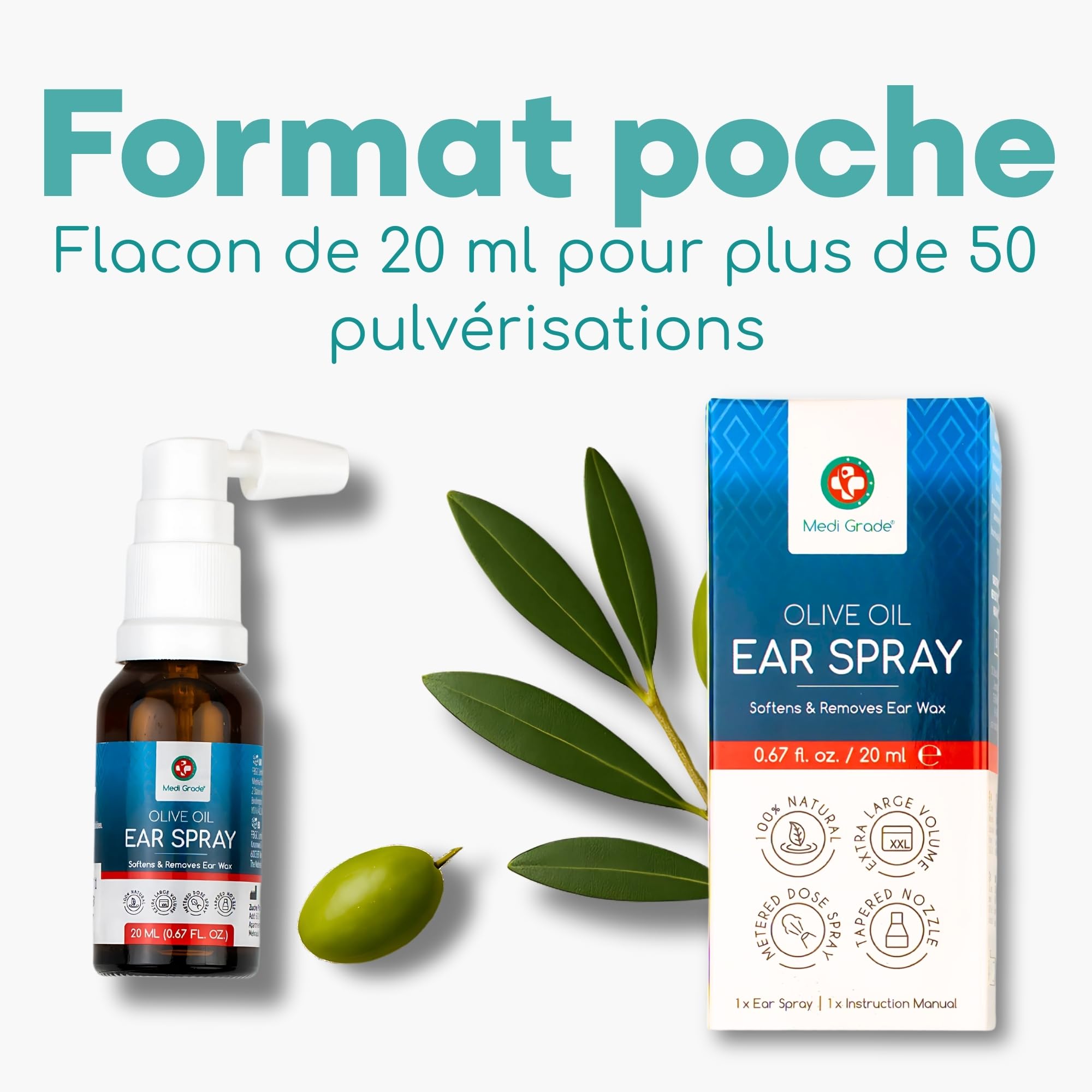 Medi Grade Spray d'Huile d'Olive pour Oreilles Bouchées 20ml – Auriculaire 100% Naturel qui Adoucit, Élimine l'Accumulation de Cérumen – Plus de 50 Vaporisations, Nettoyant