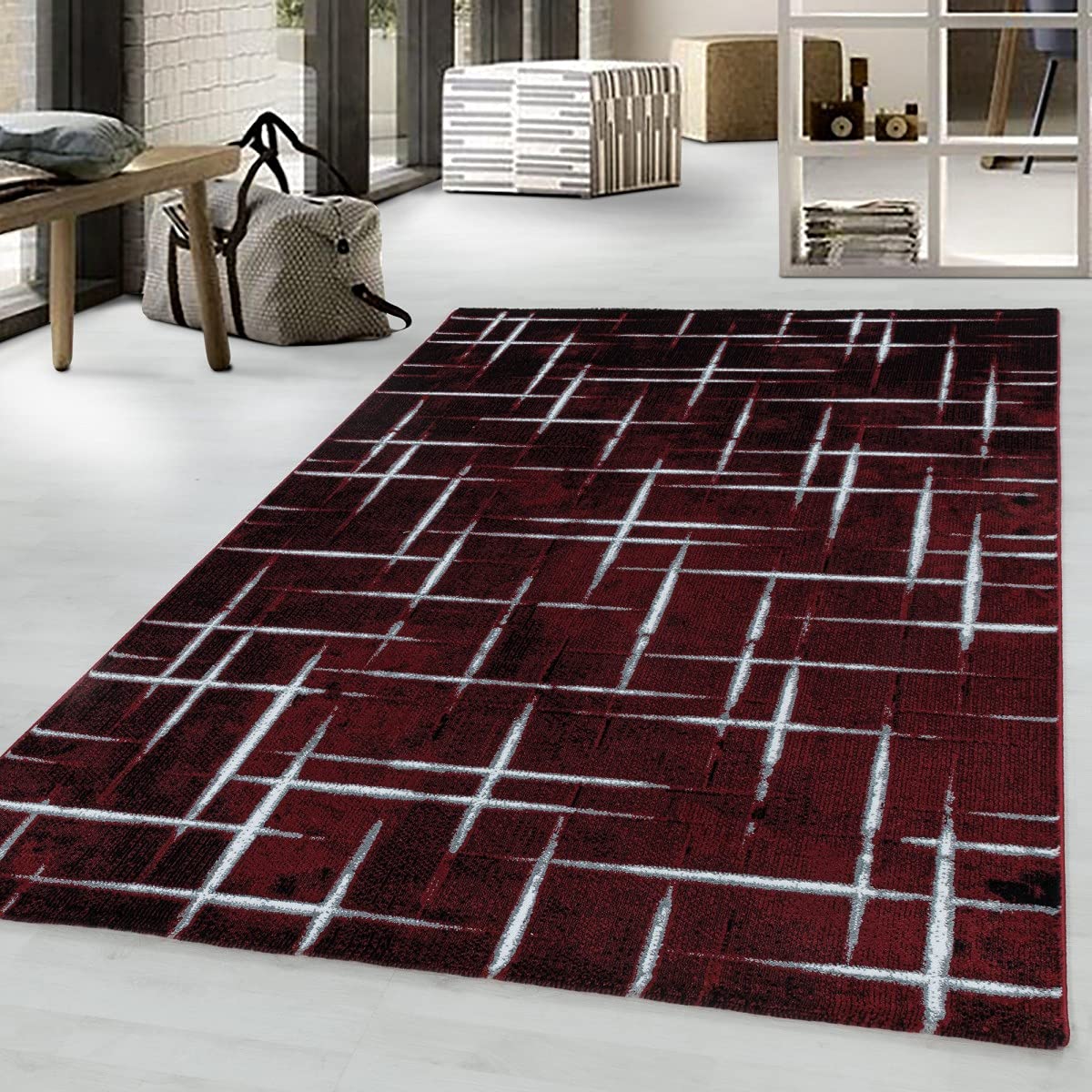 Tapis quadrillé rouge format chemin de lit 80x250 à poils doux