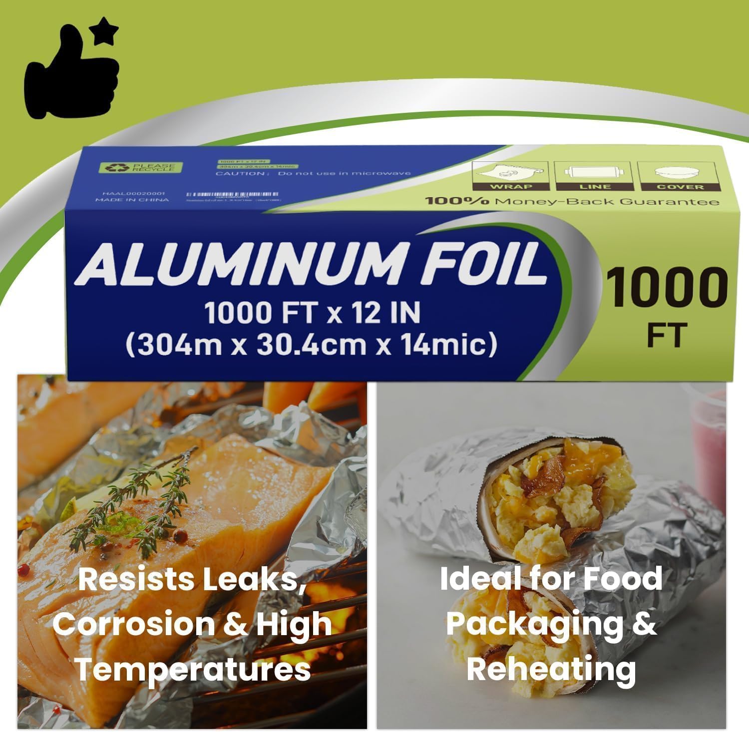 Aluminium Foil 12''x1000 Sq.Ft for Food, Heavy Duty Tin Foil Roll, Non-Stick Disposable Food Wrapping for Restaurant,BBQ,Roasting