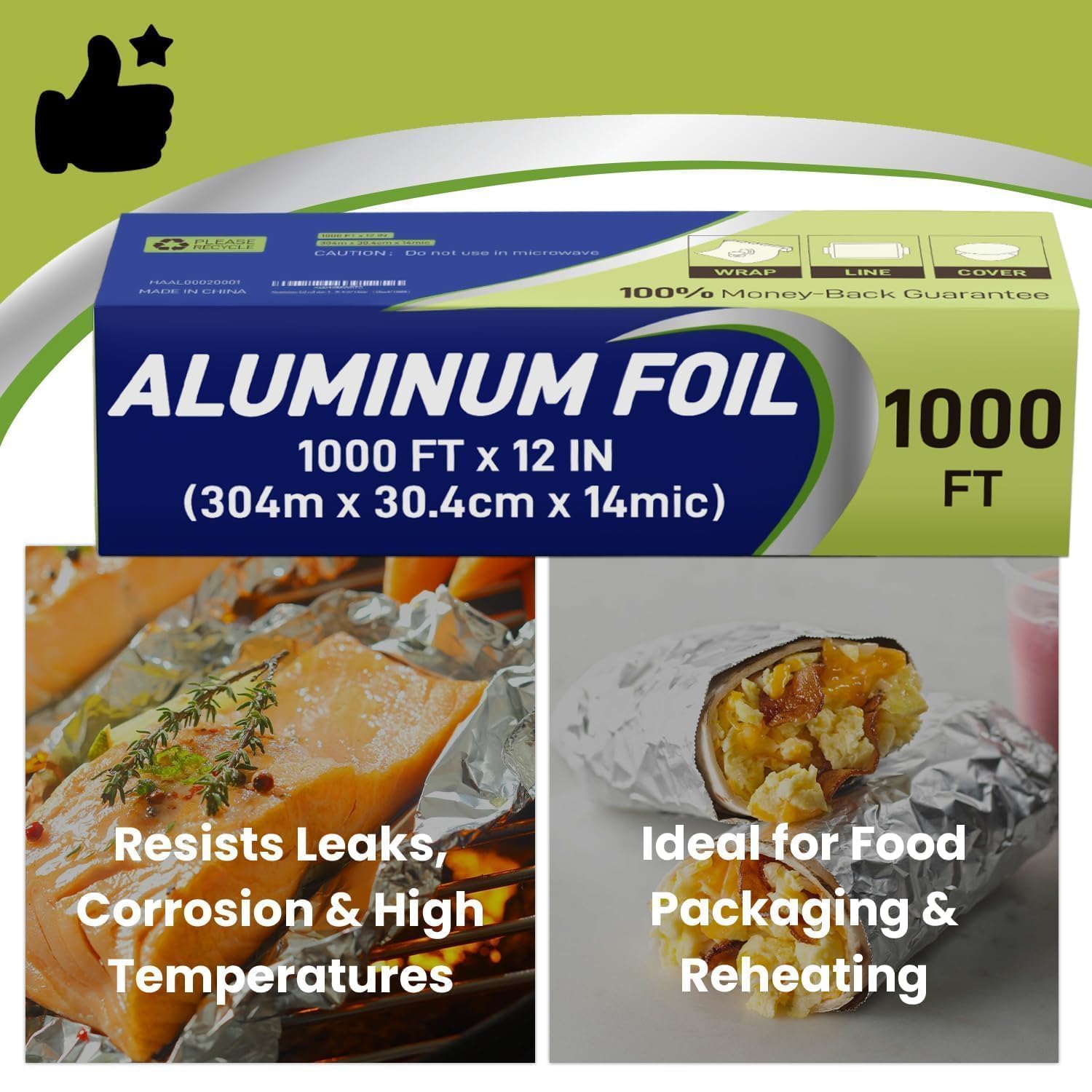 Aluminium foil roll size: 304m*30.4cm*14mic （12inch*1000ft