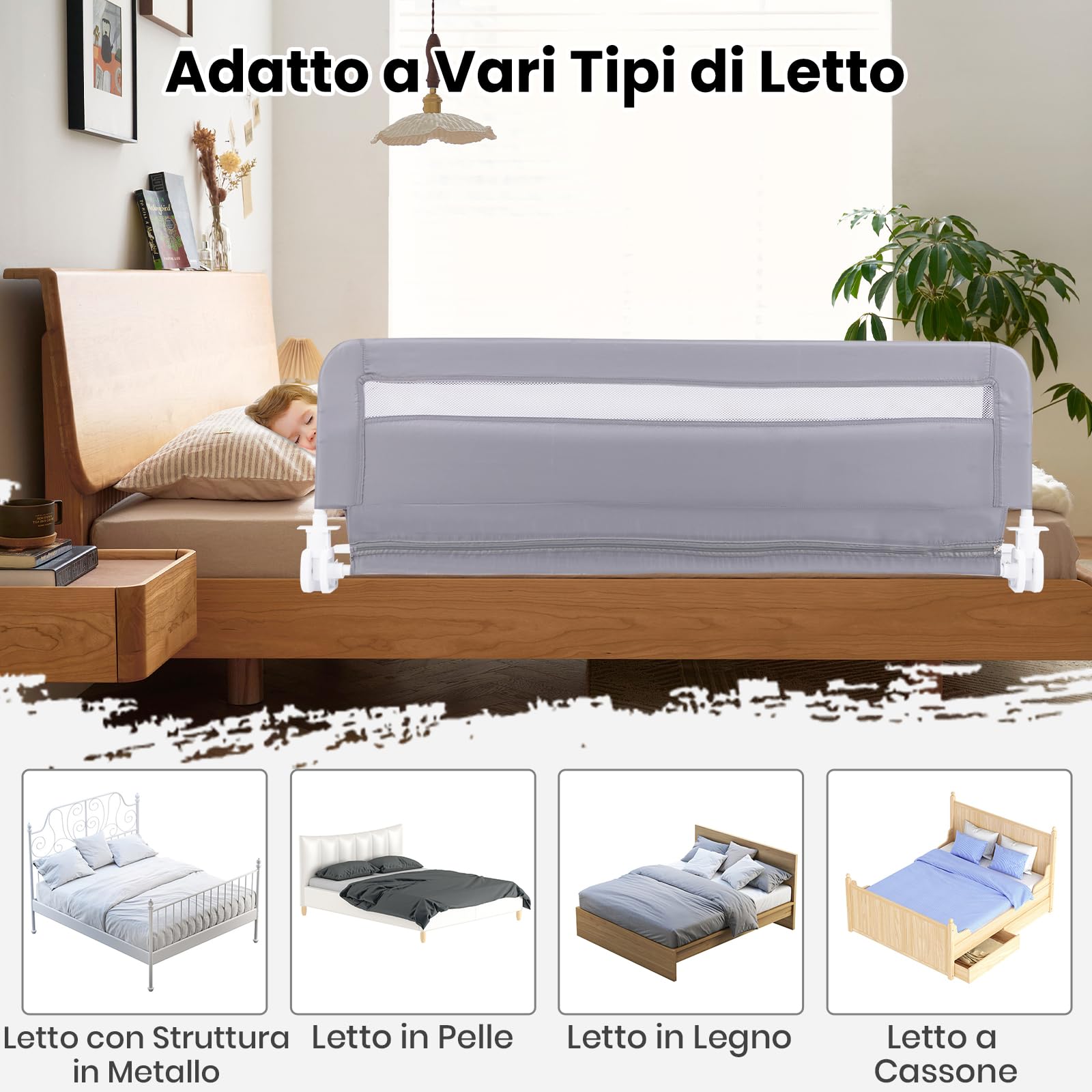 COSTWAY Sponda da Letto per Bambini 100/120 cm, Barriera Pieghevole per Letto, con Cintura di Sicurezza, Sponda di Sicurezza per Bambini, per Letti Singoli, Doppi, 100/120 x 41 x 42 cm (120 cm,Grigio)
