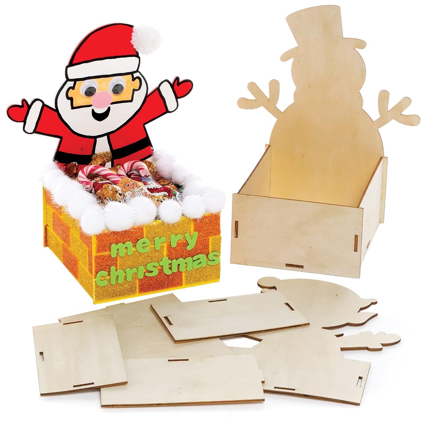 Baker Ross FC113 Christmas Wooden Box Kits - Pack of 3, Wooden Crafts to Make and Decorate, Make Your Own Christmas Decorations