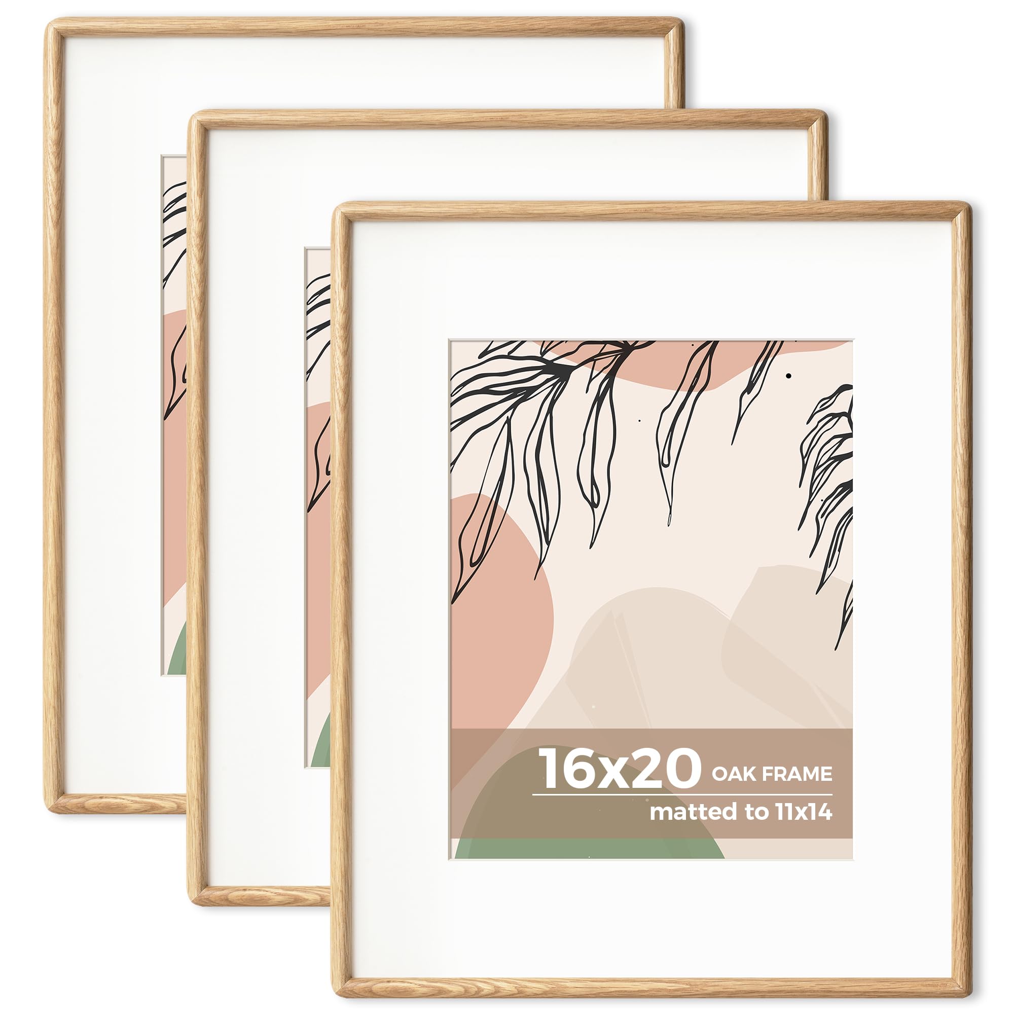 Axeman 16x20 Oak Frame Set of 3 - Rounded Corner 16 x 20 Picture Frame Matted to 11x14 - Natural Oak Wood Photo Frame with Tempered Glass for Wall Mount Display