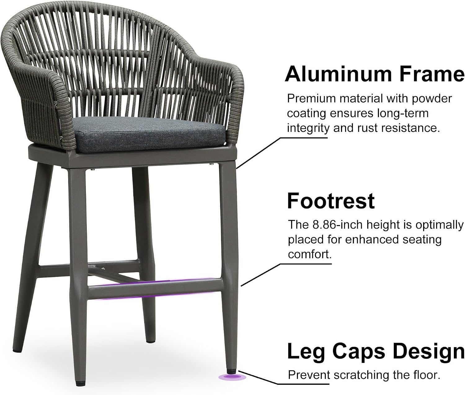 PURPLE LEAF Outdoor Counter Height Bar Stools Set of 2 Patio Metal Modern Wicker Rattan Bar Chairs Woven Aluminum Barstools with Back and Cushions for Balcony Garden Indoor Kitchen Outside Slate Gray