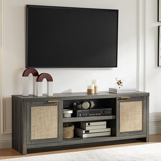 Hampstead TV Stand for Living Room, Modern Entertainment Center for 65 inch TV, 2 Rattan Doors Cabinet Media Console, TV Console Table with Soft Hinge Door and Handle (Midnight Oak)