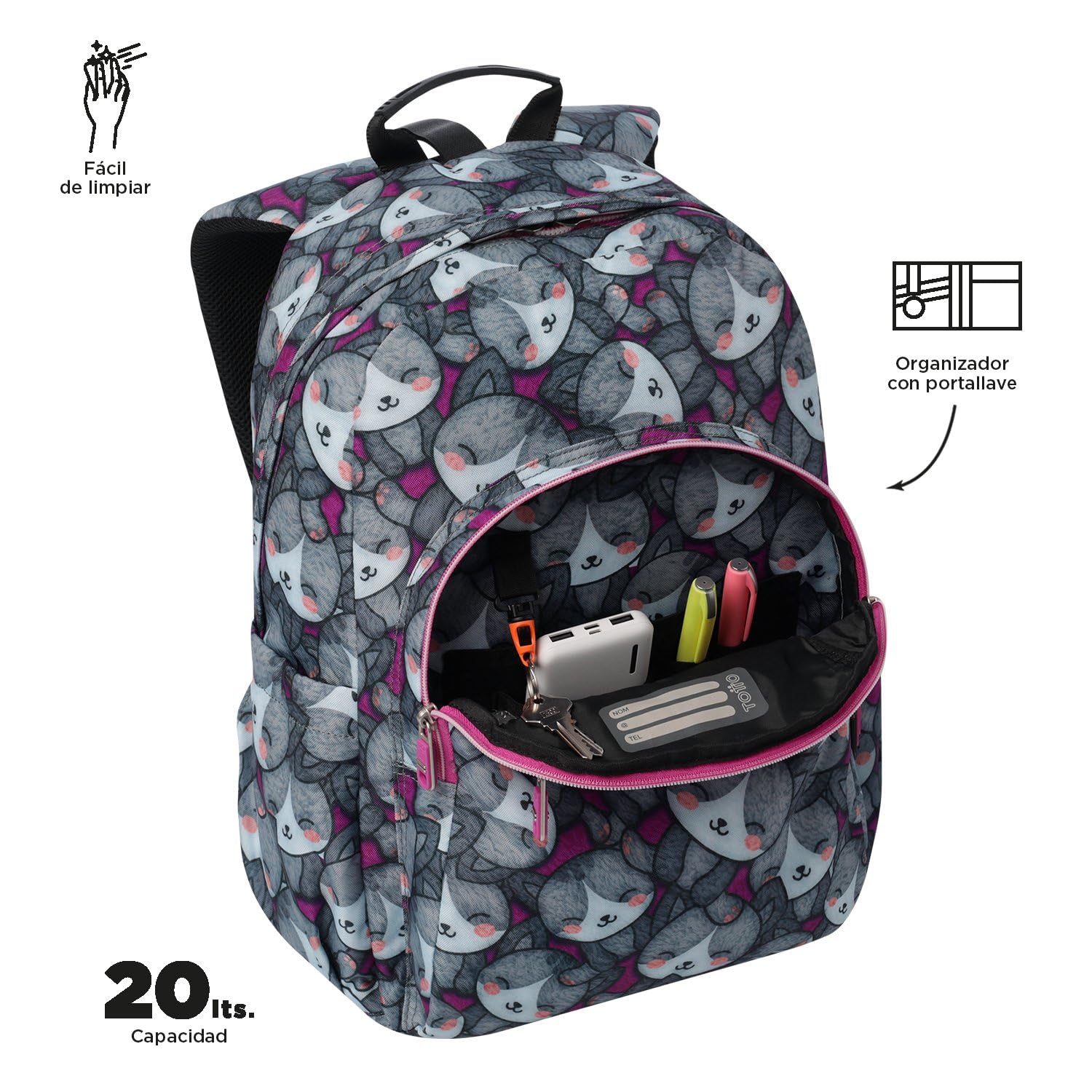 TOTTO - Mochila Escolar Adaptable a Carro, Modelo Acuareles, Capacidad 20 L, Bolsillo para Pc 14", 2 Bolsillo Botella, Espaldar Ergonómico con Flujo de Aire, Correas en S, Estampado Kitten Rose