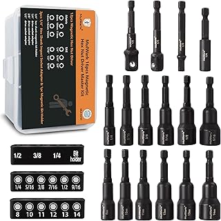 MulWark 16PC Magnetic Nut Driver Set - 1/4” Hex Head Impact Driver Bit Set |SAE and Metric Screwdriver, Manganese Phosphate Blackening Nut Setter Drill Bit Tools W/ Impact Socket Adapters & Bit Holder