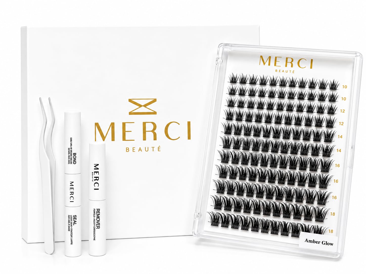 Amber Glow DIY Lash Extension Kit - 108 Clusters | Waterproof Bond & Seal + Remover + Tweezers | Latex-Free | 10-18mm