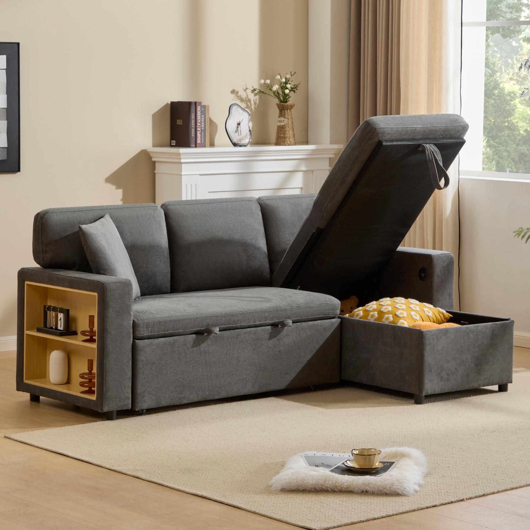 Canape Dangle Convertible, Canapé Modulable avec Rangement, Canapé Lit 3 Places Convertible – Canapé d'angle Convertible avec Canapé-Lit Gigogne, Port USB, Coussins,Gris