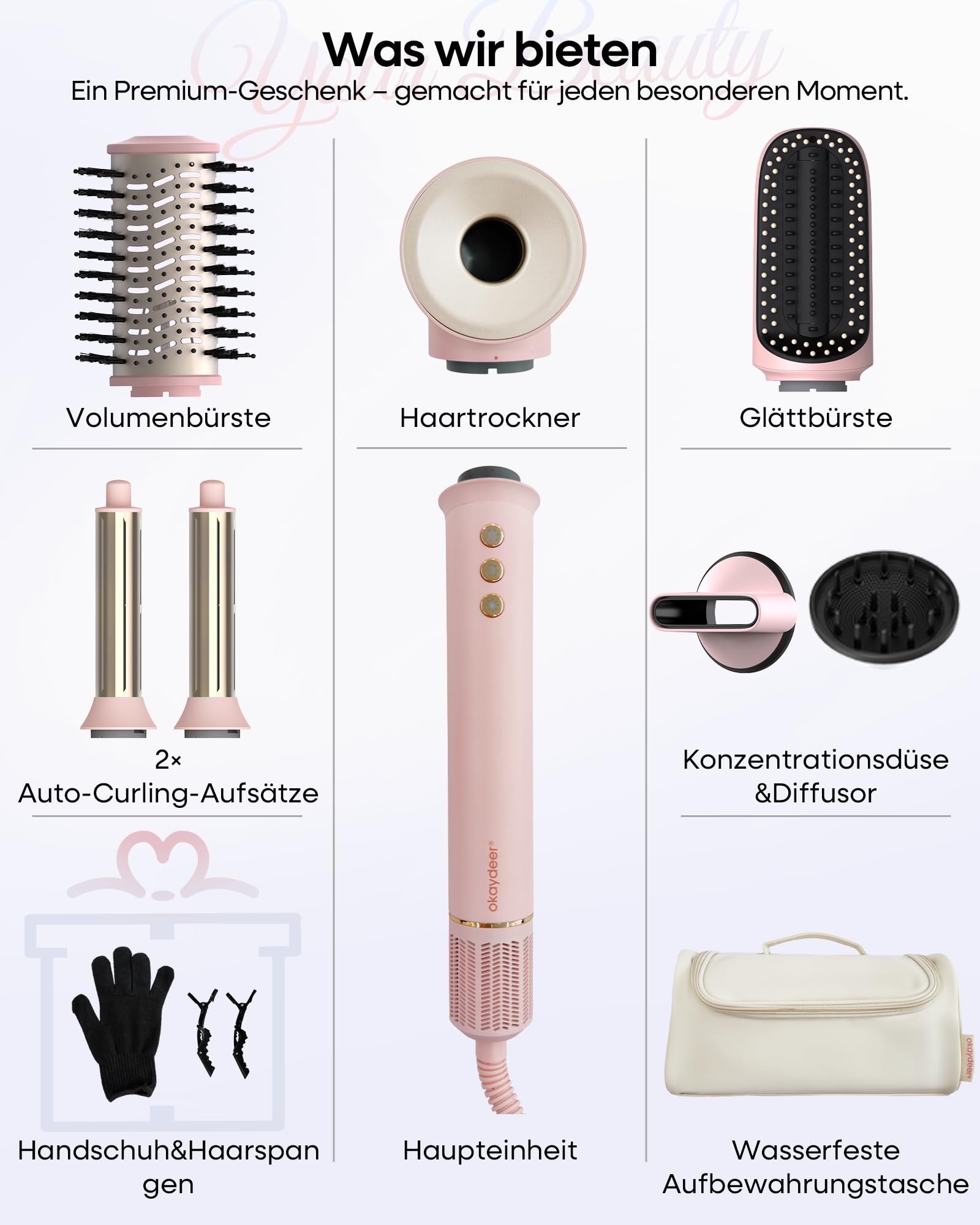 Airstyler 7 in 1 Ionen Föhn mit Diffusor Lockenstab Haartrockner Glätteisen Volumenbürste Warmluftbürste Reisetasche Rosa