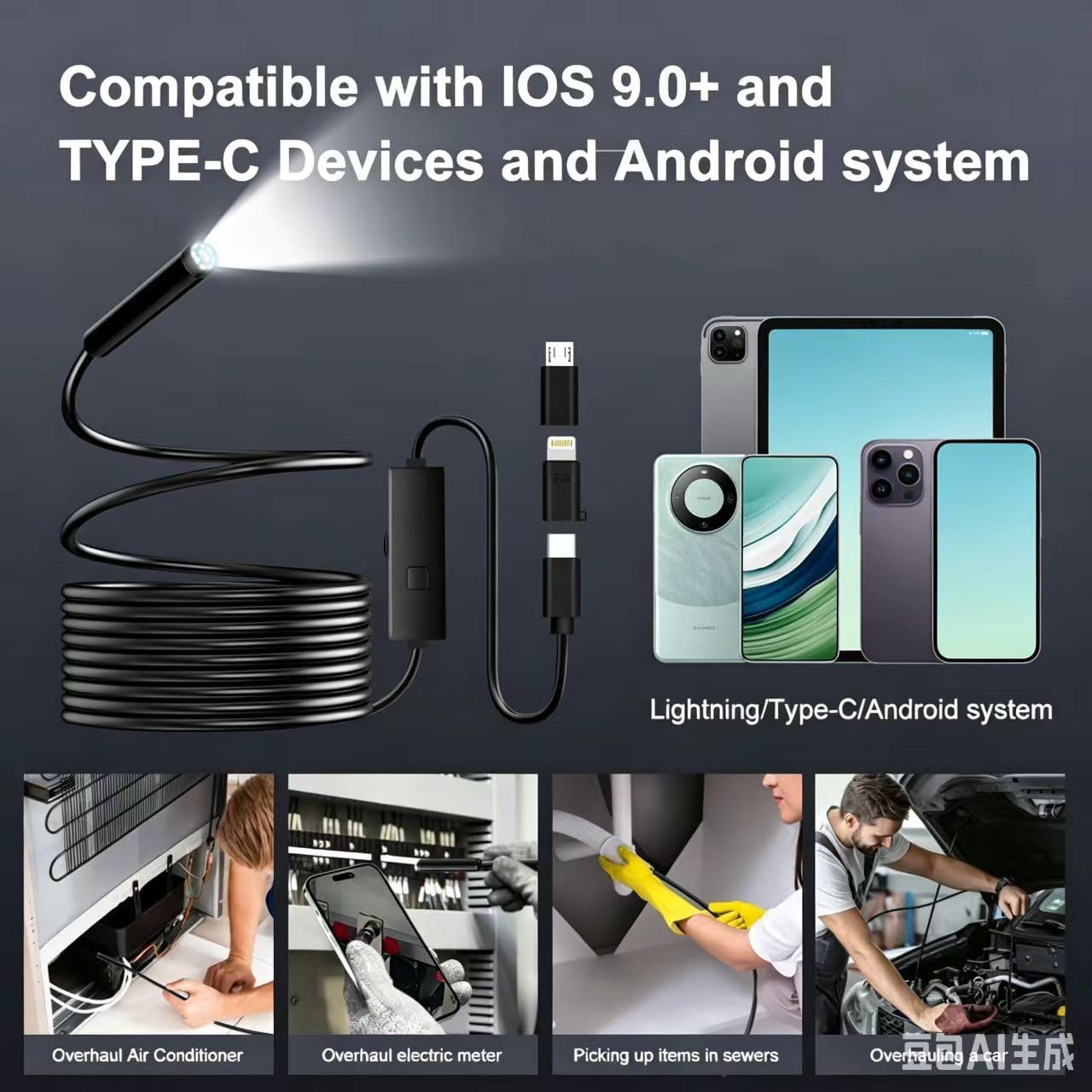 Kamera endoskopowa ze światłem, boroskop HD 1920P z 8+1 regulowanymi diodami LED, wodoodporność IP67, półsztywna kamera inspekcyjna do iPhone'a, iPada i telefonu z systemem Android (pojedyncza