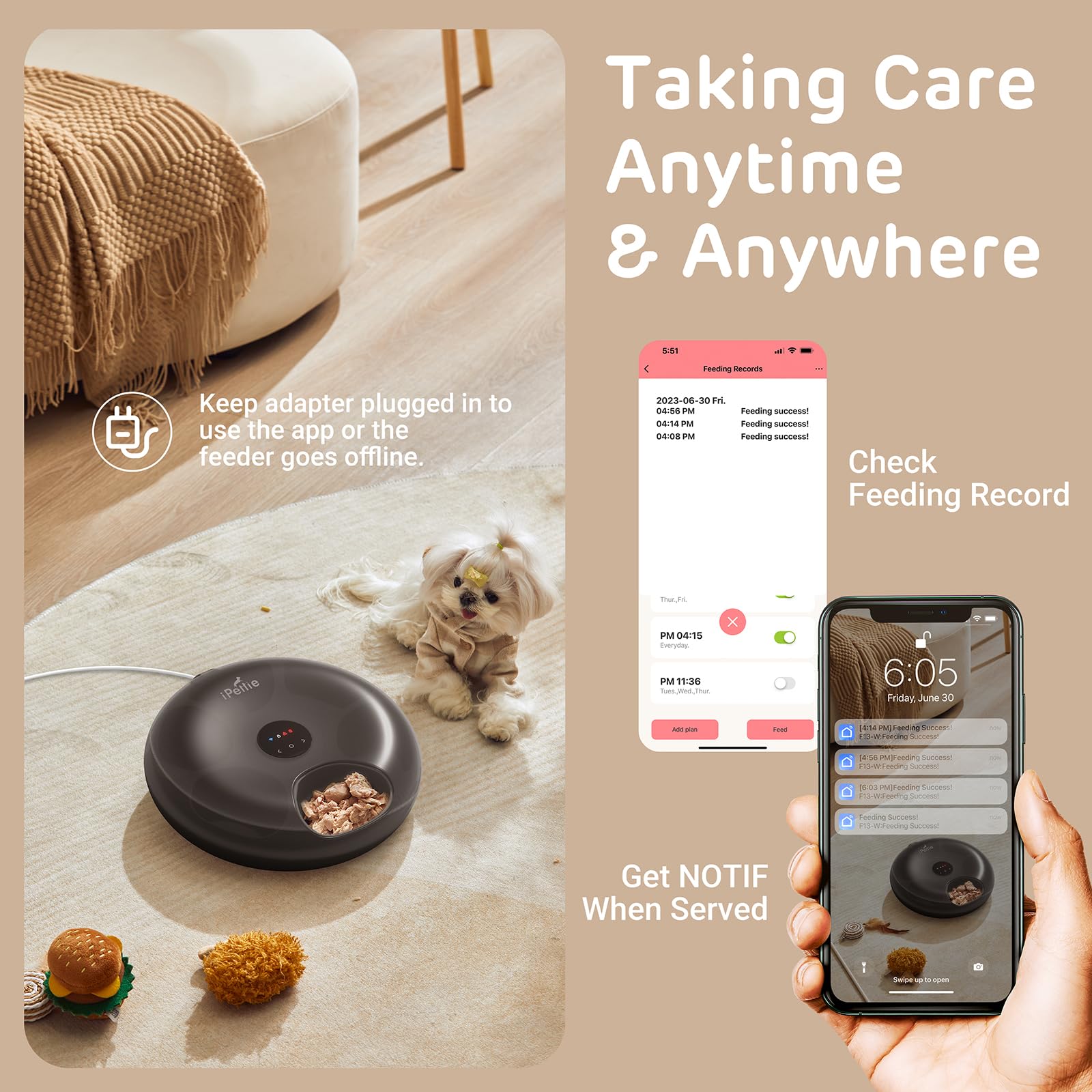 iPettie Donuts Frost WiFi 6 Meal Automatic Cat Food Dispenser with App Control, Dry & Wet Food Automatic Cat Feeder, Smart Dog Feeder with Two Ice Packs, Programmable Timer, Holds 6 x ?? lb. of Food