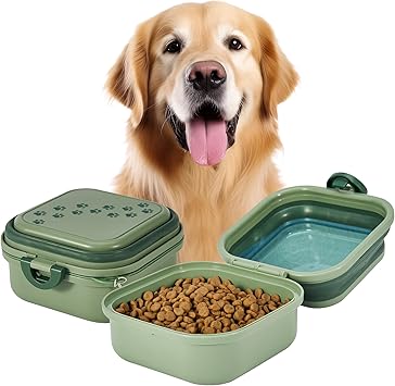 Collapsible Dog Water Bowl 30oz, 2 in 1 Portable Travel Dog Food Bowl with Lid, Easy Carry Loop Handle, Foldable Dog and Cat Food Bowl, Perfect for Traveling, Walking, Hiking Green