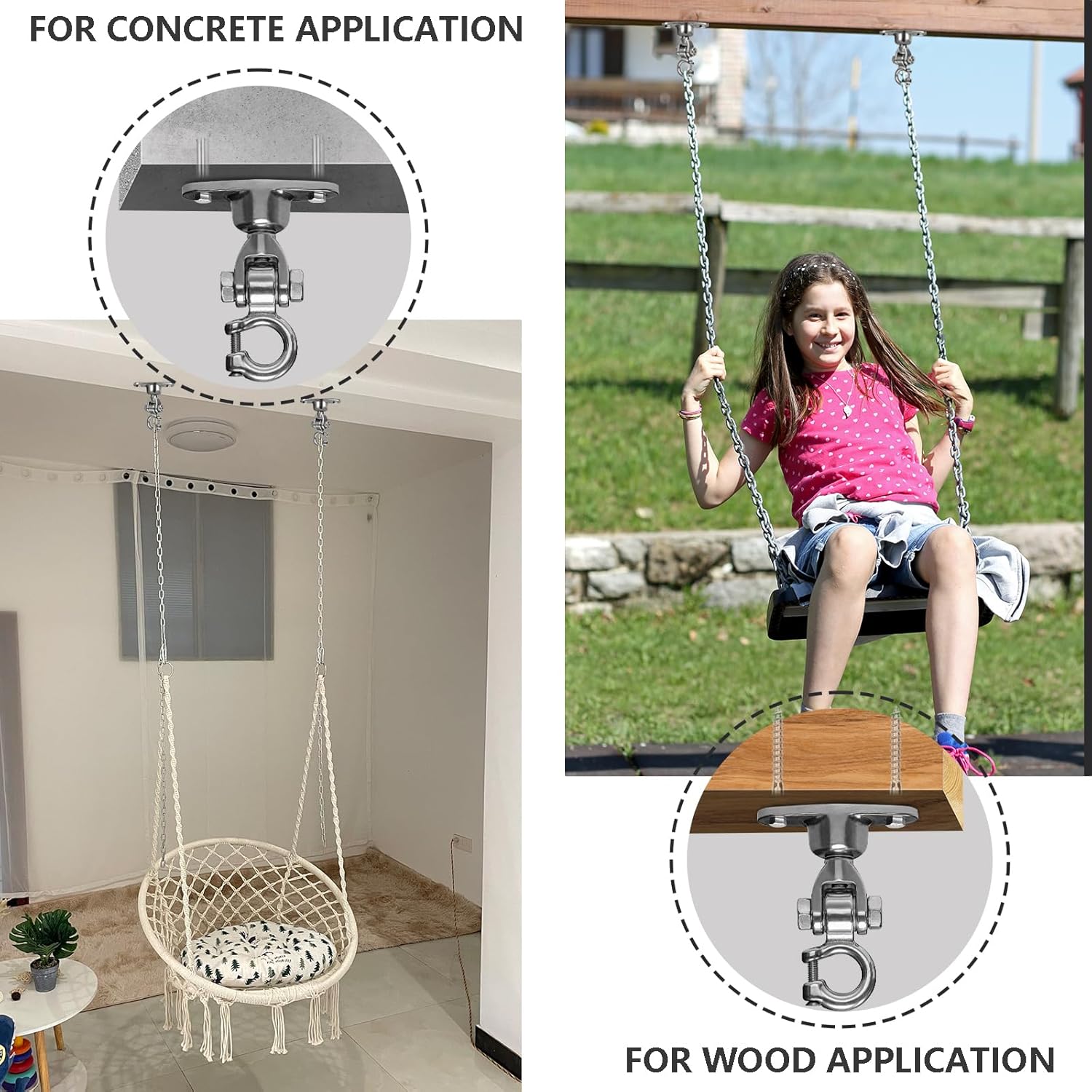 Heavy Duty 304 Stainless Steel Swing Hanger with Silent Ball Bearing, 360° Rotation & 180° Swing, 600 lbs Capacity, for Playground, Swing Set, Hammock, Yoga, Punching Bag