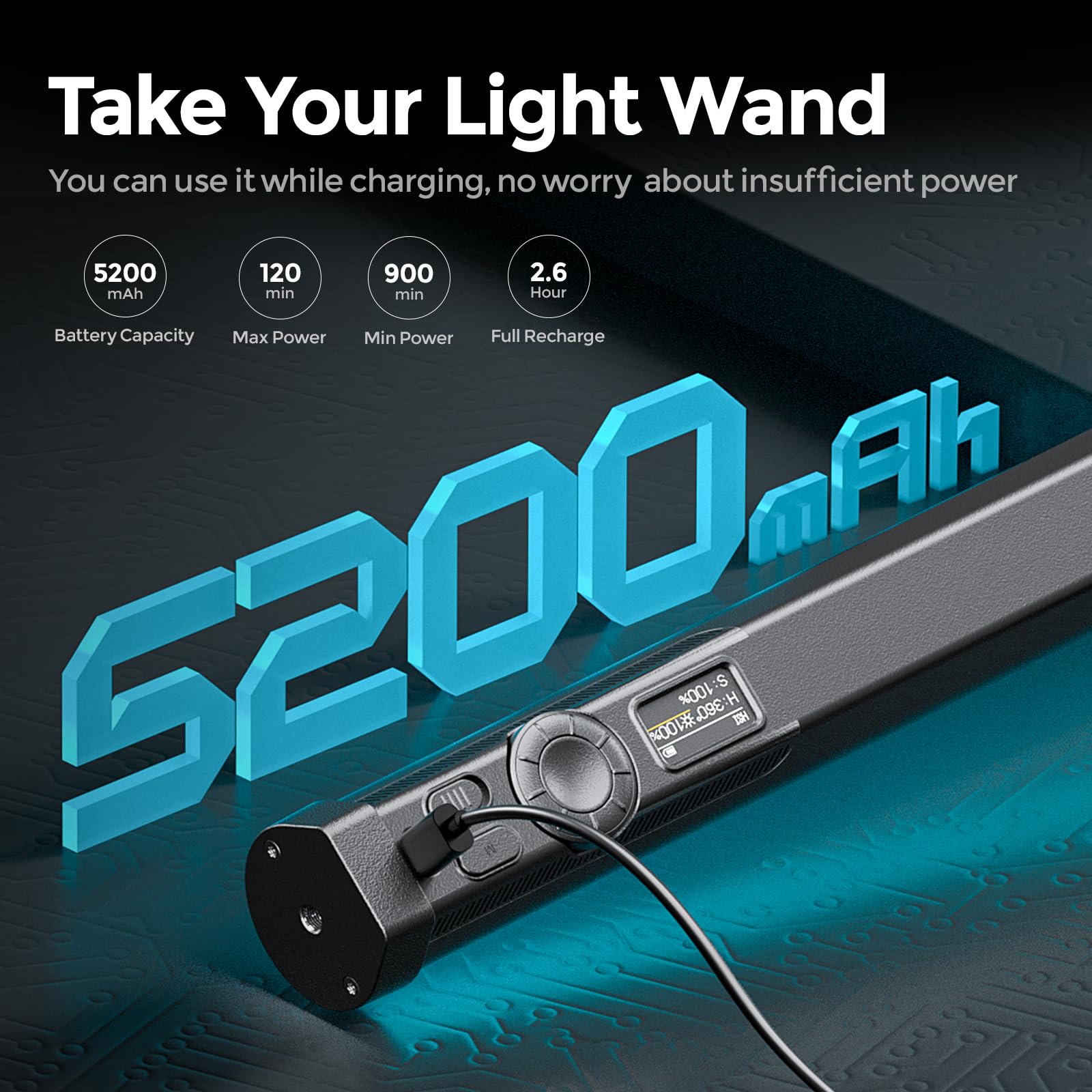 PHOTOOLEX Tubo de Luz Portátil RGB, Luz de Relleno Fotografía CRI96 | CCT 2500K-9900K, Color Completo 360°, Batería 5200mAh, 21 Escenas Lumínicas, Magnético para Vlog, Estudio y Retratos