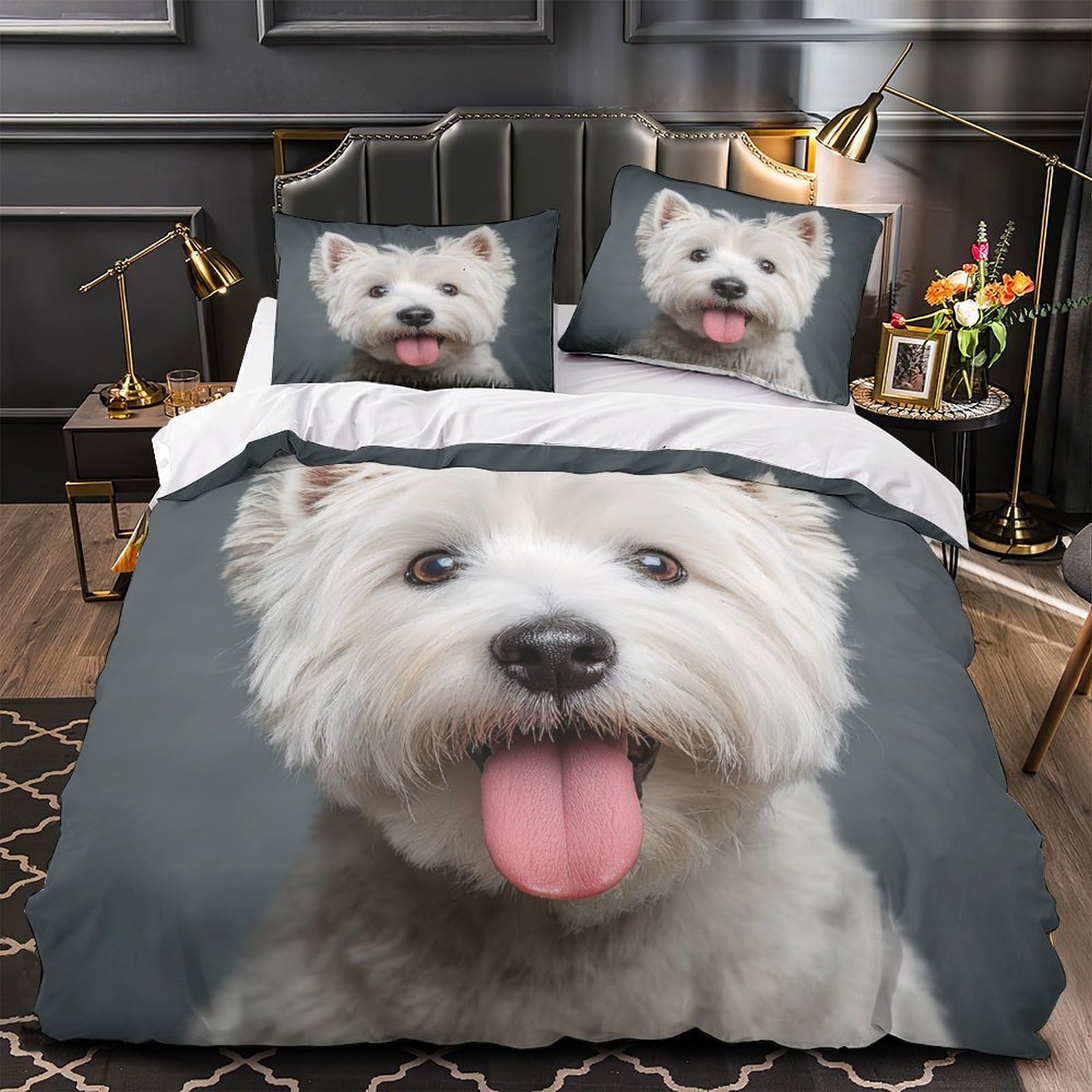 Housse de couette hypoallergénique chien blanc pour le lit d'une jeune fille