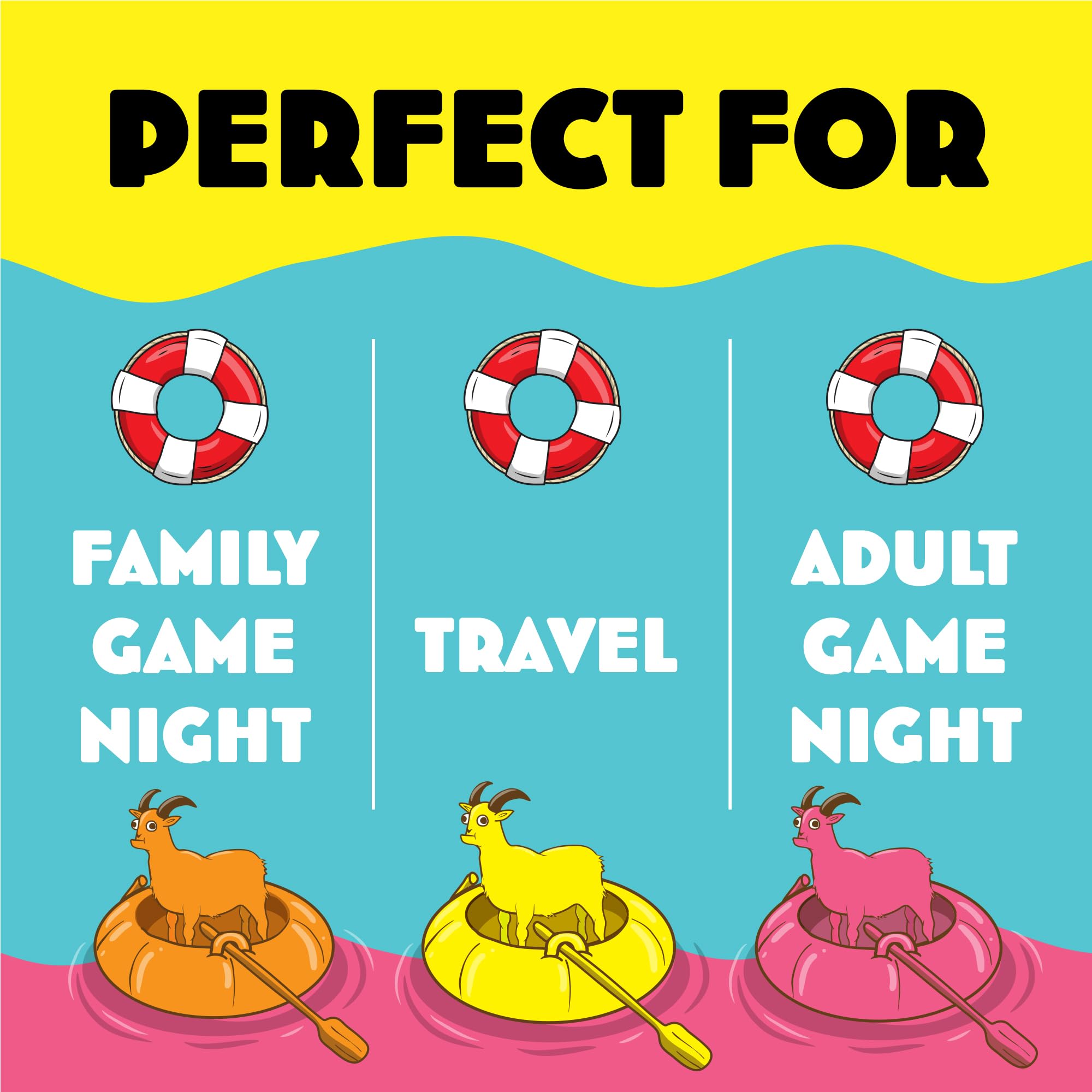 Row Your Goat: By Exploding Kittens, 2-6 Players, Age 7+ Fast Card Game | Play goat cards, spot matching colors or boats, and grab a lifesaver fast. The slowest player collects the pile! Family Game