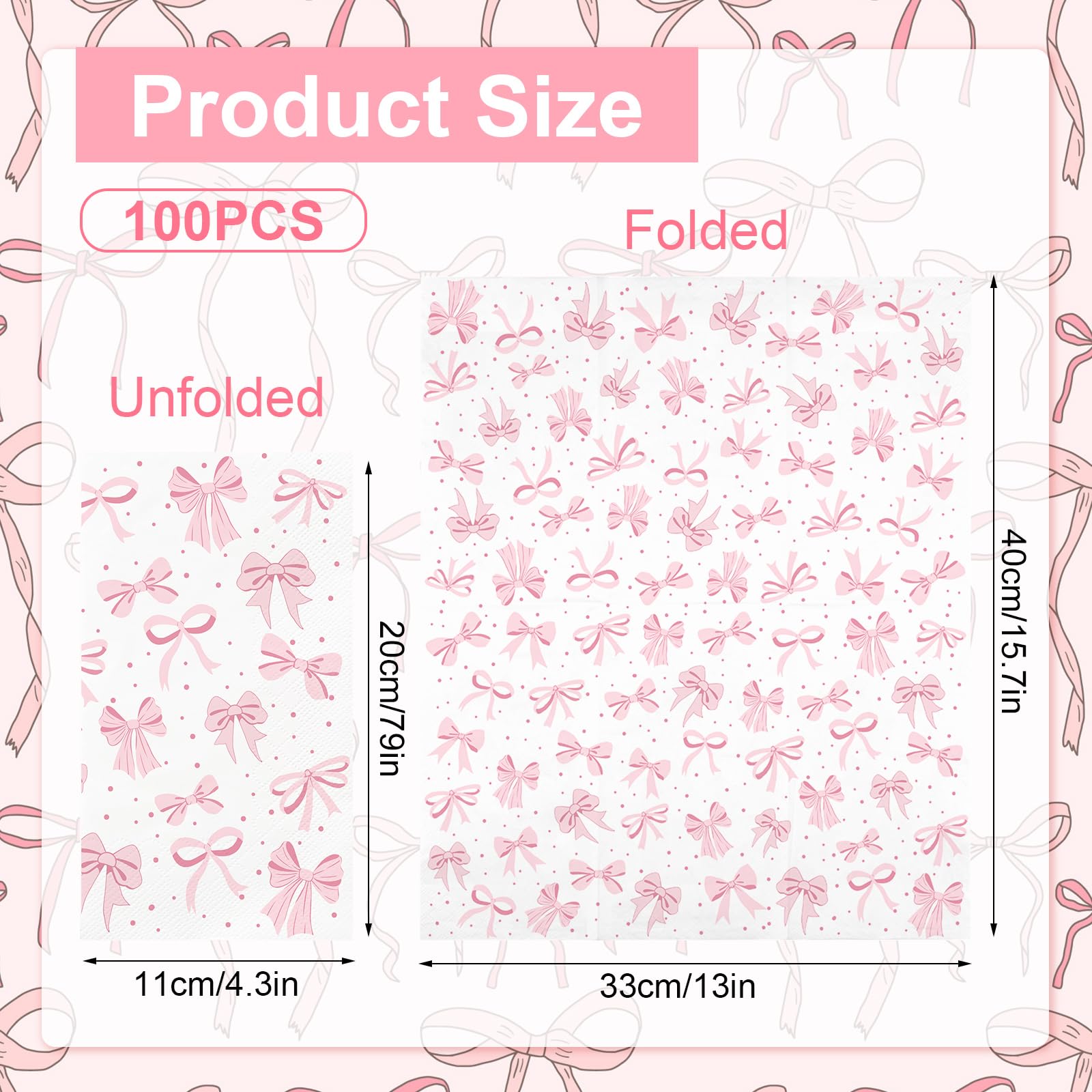 100 servilletas de lazo rosa, toallas de mano desechables para baño, servilletas de papel decorativas de 3 capas, servilletas de papel con lazo rosa, servilletas de invitados para cumpleaños
