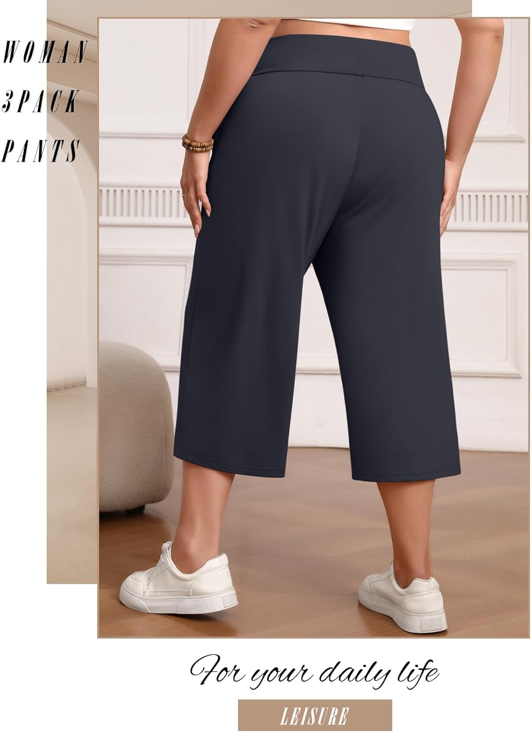 Neer 3 Pack Women's Capris Plus Size Yoga Lounge Pants Wide Leg High Waist Drawstring Cropped Sweatpants with Pockets - Image 2