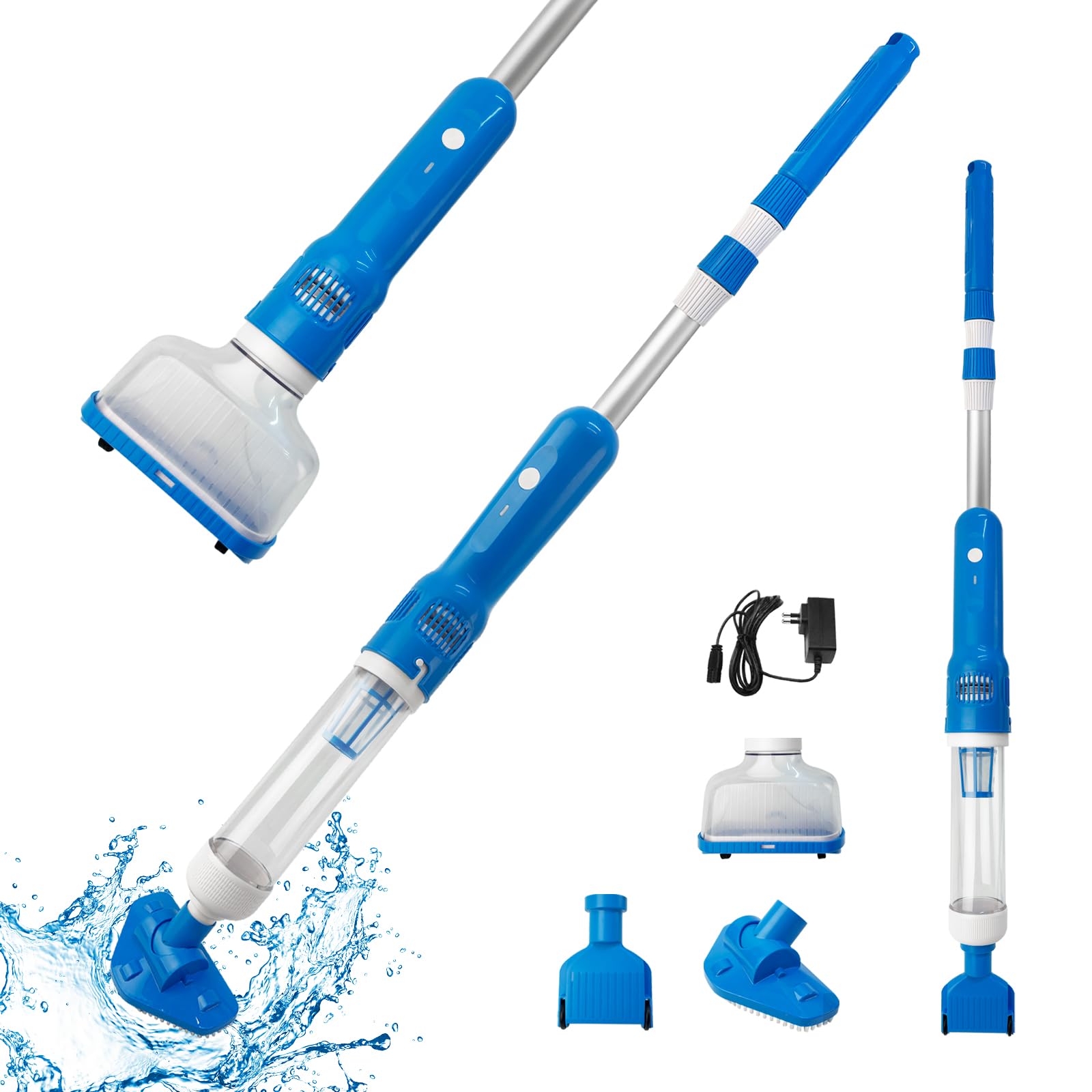Aspirateur de Piscine sans Fil, 3 en 1 Rechargeable Aspirateur Manuels de Piscine Portable avec Manche Télescopique, Nettoyeur de Piscine Électrique pour Piscine, Spa, Jaccuzi