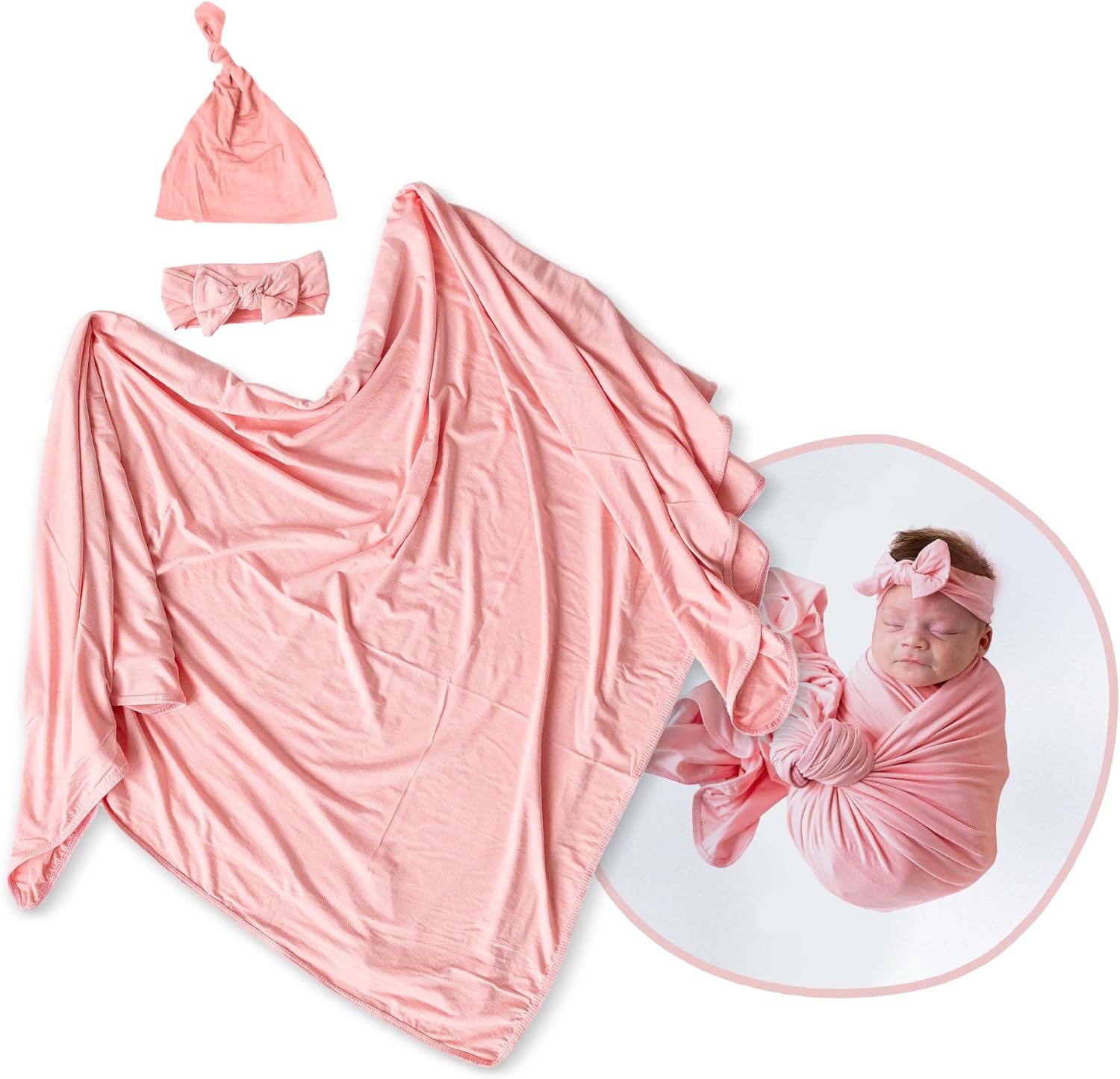 Stroller Society - Newborn Swaddle and Hat Set, Stretchy and Comfortable Baby Swaddle Blanket, Use as Receiving Blanket, Toddler Blanket and More, Pink, 47 x 47 inches