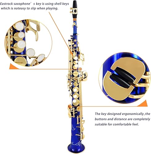 Miniatura 27 de EASTROCK Saxofón soprano curvado Bb Flat Blue Sax Instrumentos para principiantes intermedios con estuche de transporte, boquilla, almohadillas