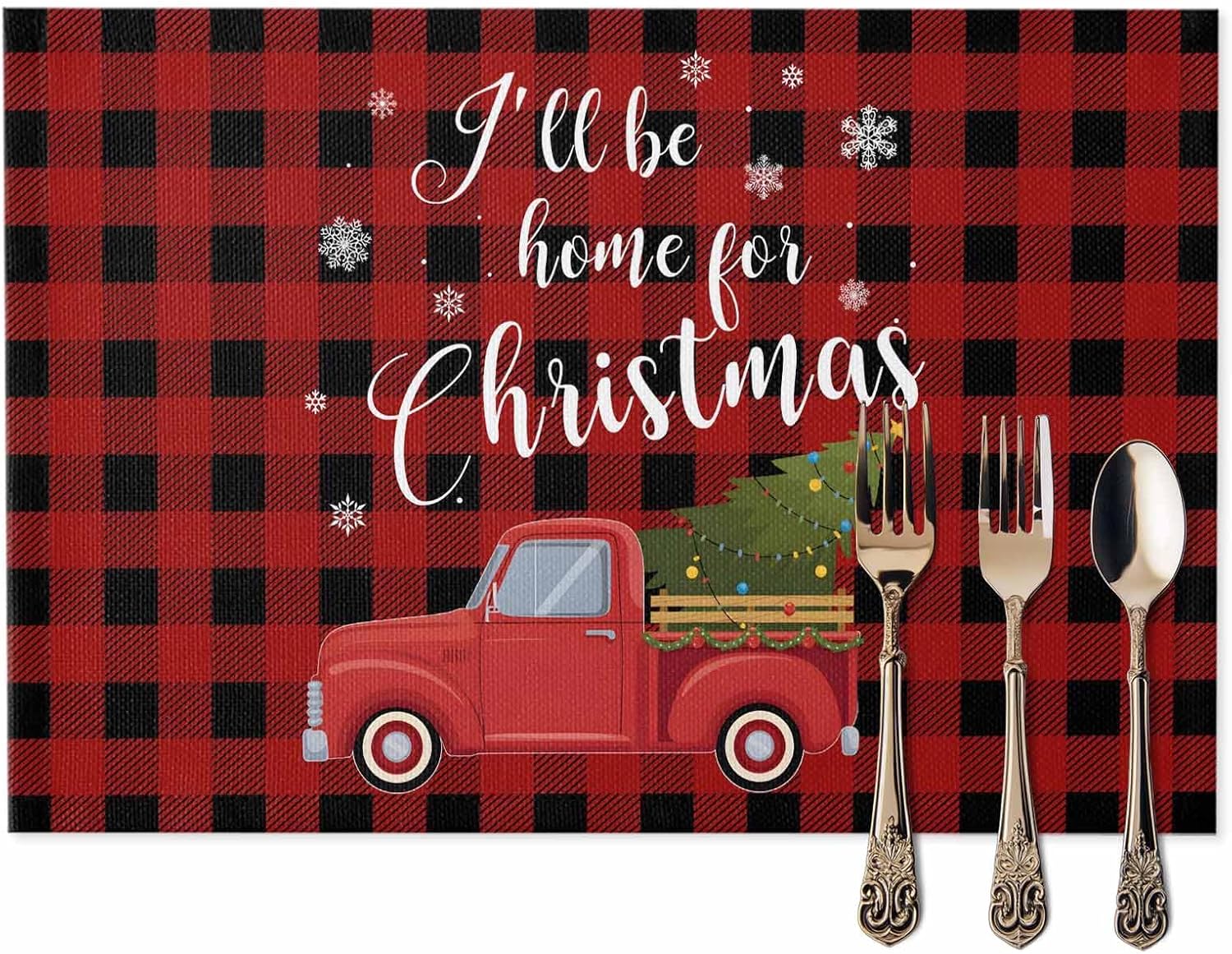 Christmas Tree Truck 7 Placemats Set of 4, Washable Cotton Linen Table Mats for Kitchen Dining Table, Heat Insulation Place Mats for Indoor Outdoor Parties, Holiday Decorations