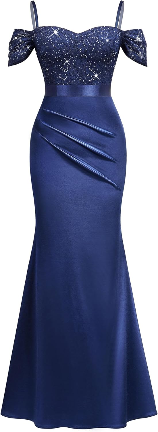 Miusol Women's Elegant Sequin Lace Spaghetti Straps Formal Satin Maxi Dress - Image 4