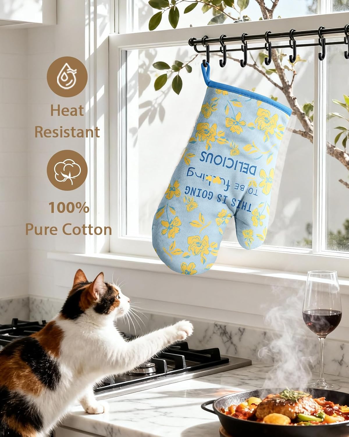Slohif Funny Oven Mitt Heat Resistant for Women - 1 Pack Blue Cute Novelty Cool Kitchen Oven Mittens with 100% Cotton for Baking and Cooking Accessories (Yellow Flower) - Image 4