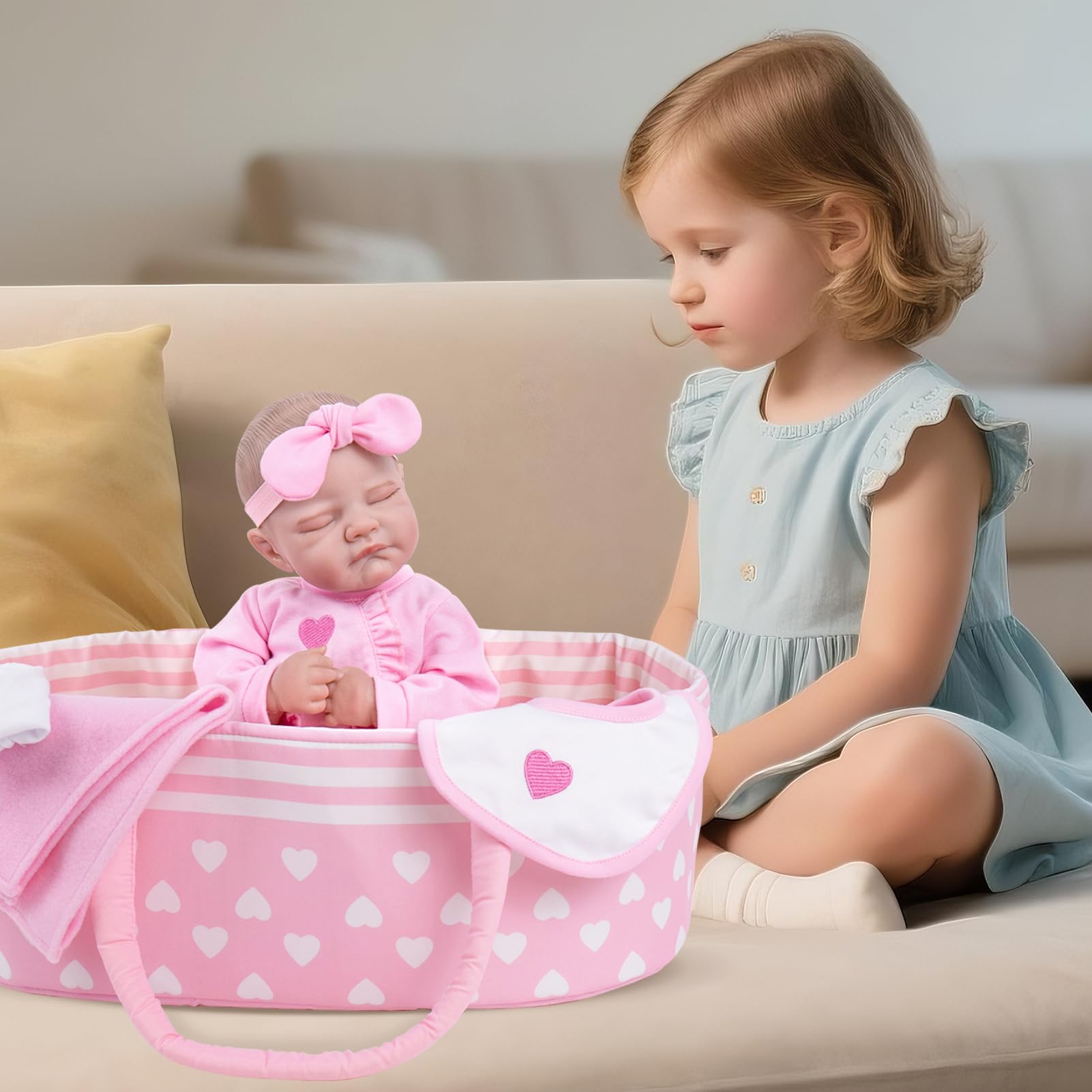 Cuna Reborn Baby Dolls - Cama plegable para cuna, accesorios suaves para muñecas con asa para bebés recién nacidos de 17 a 22 pulgadas, color rosa 3