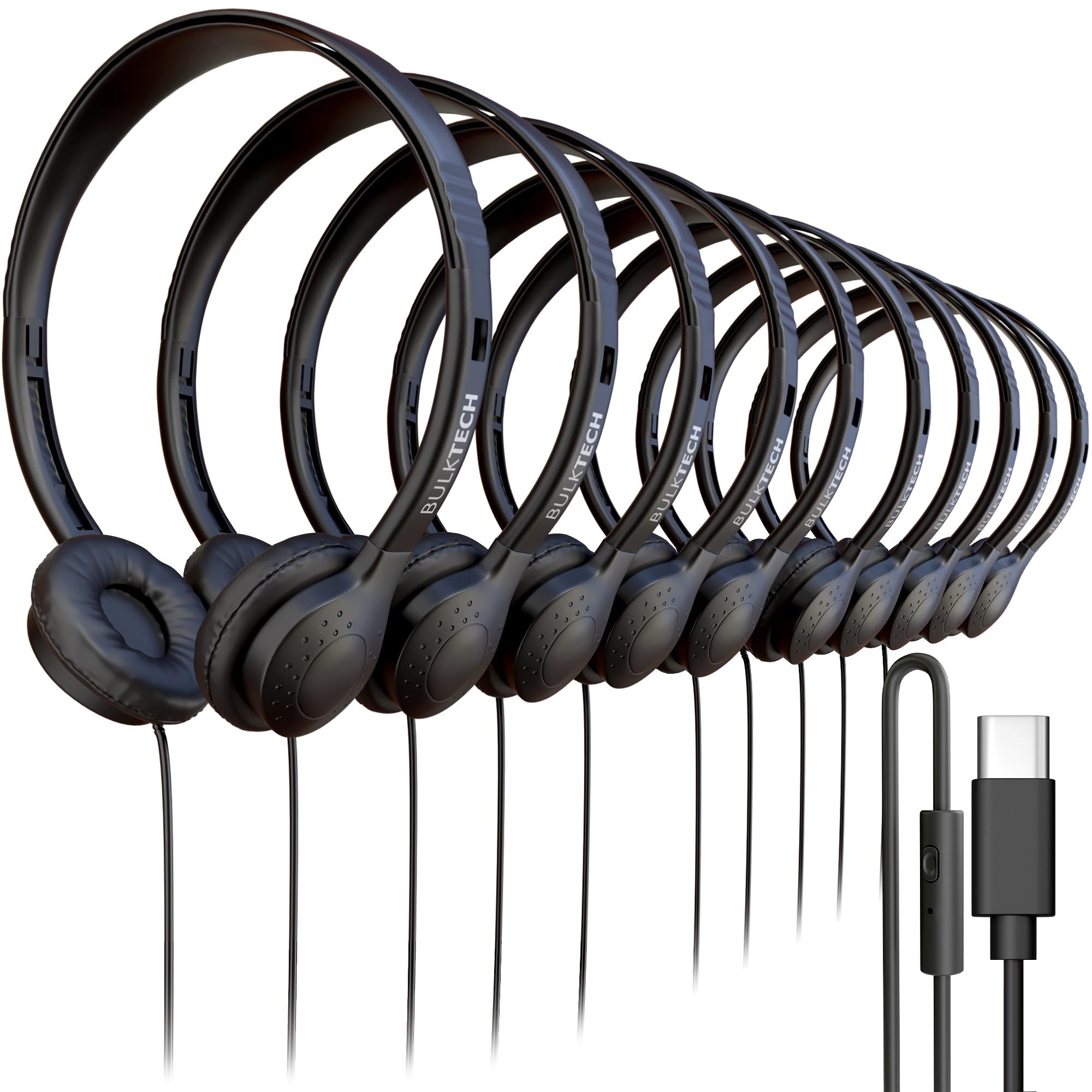 Confezione da 10 cuffie cablate in pelle, USB-C, con microfono, compatibili con telefono, tablet, laptop, PC, per scuola, classe, riunioni, conferenze, test, colore nero