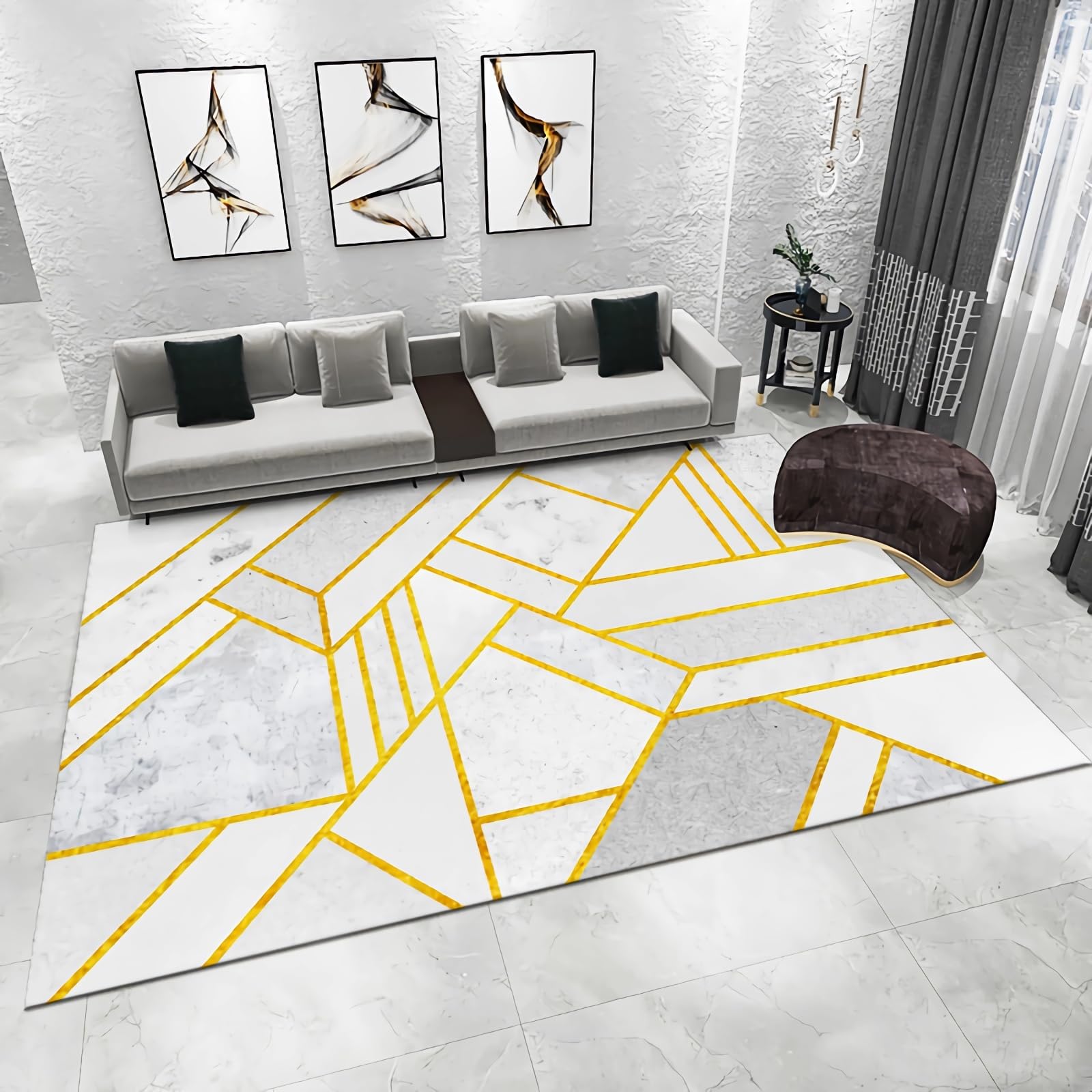 Tapis de salon géométrique gris jaune 200x300cm antidérapant pour couloir et maison