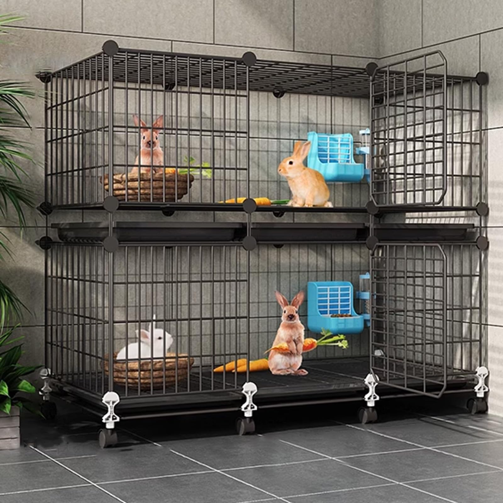 Jaula Conejo Grande Interior con Ruedas, Espacio Independiente de Varios Niveles, Estructura Metálica, con Bandeja, para Animalitos(Black,107 * 37 * 90cm)