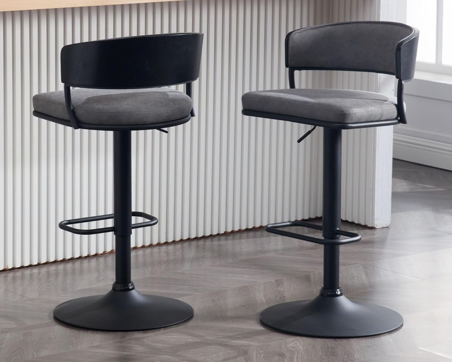 HNY Modern Swivel Bar Stools Set of 2, Adjustable Height (24''to 33'') Counter Stools with Curved Back, Soft Faux Leather Upholstery & Sturdy Metal Base Barstools for Kitchen Island Home Pub, Grey