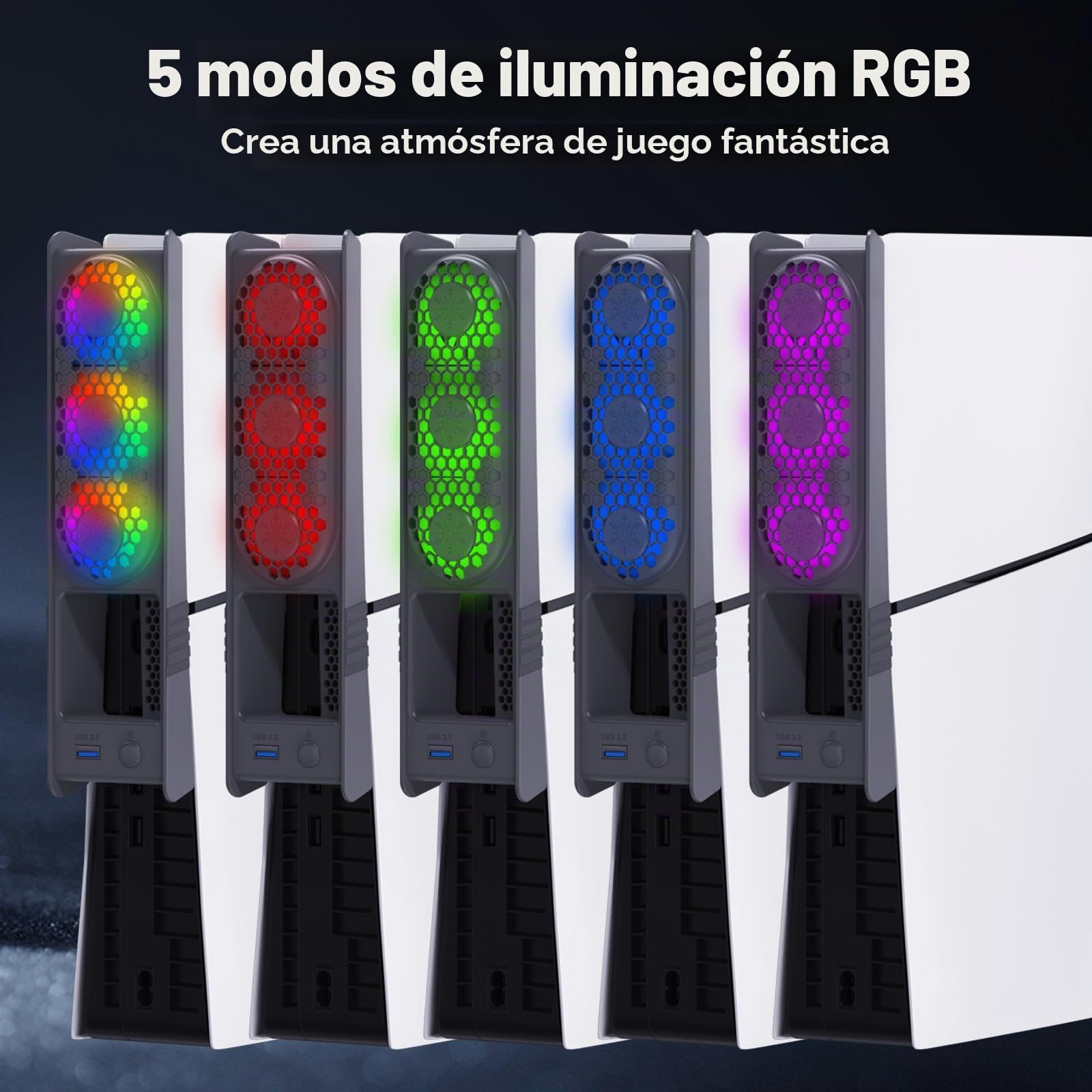 ELUTENG Ventilador para PS5 Slim, Ventilador Refrigerador para PS5 Pro con Ajuste Automático de Velocidad/Luz RGB/Hub USB 3.0, Accesorio de Refrigeración Silencioso para Playstation 5 Pro/Slim