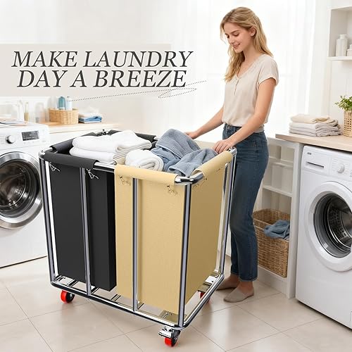 Miniatura 9 de Carrito de lavandería comercial con ruedas, cesta grande de 400 litros de 2 secciones con ruedas, carrito de lavandería rodante resistente con goma